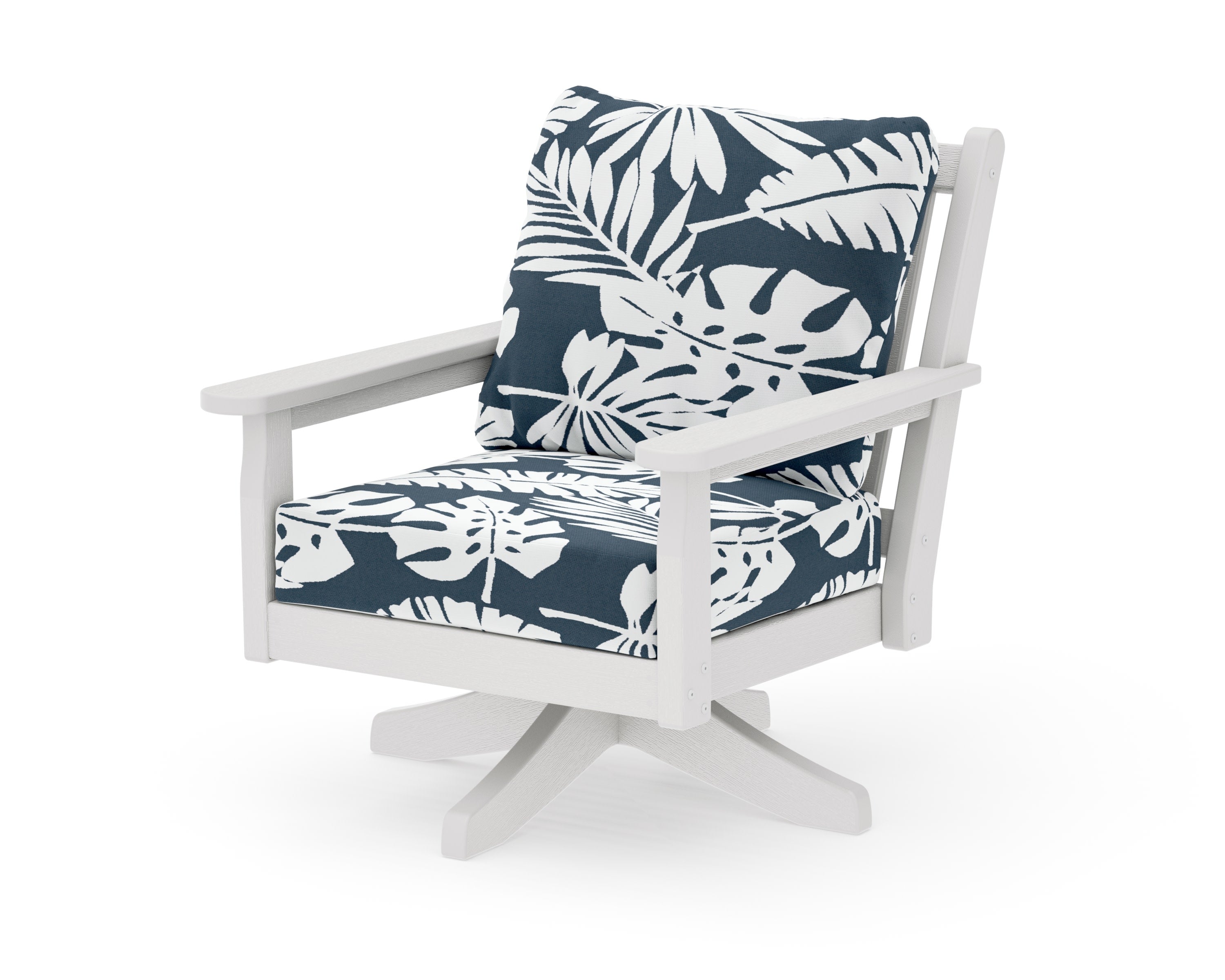 Chippendale Deep Seating Swivel Chair in Vintage White / Leaf Marine Indigo