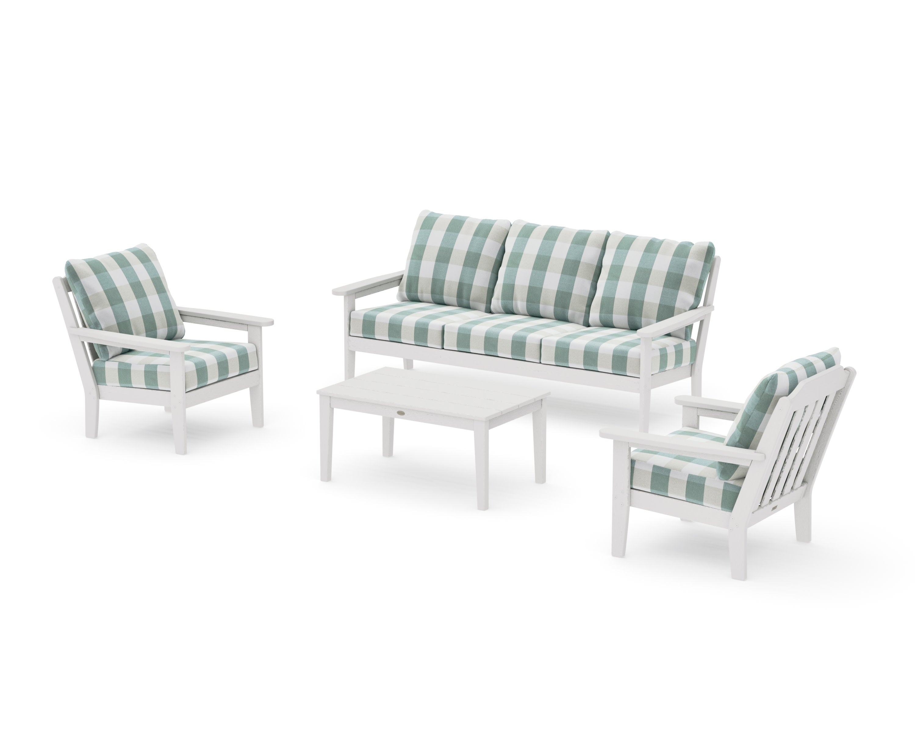 Cottage 4-Piece Deep Seating Set with Sofa in Vintage White / Buffalo Plaid Glacier Spa