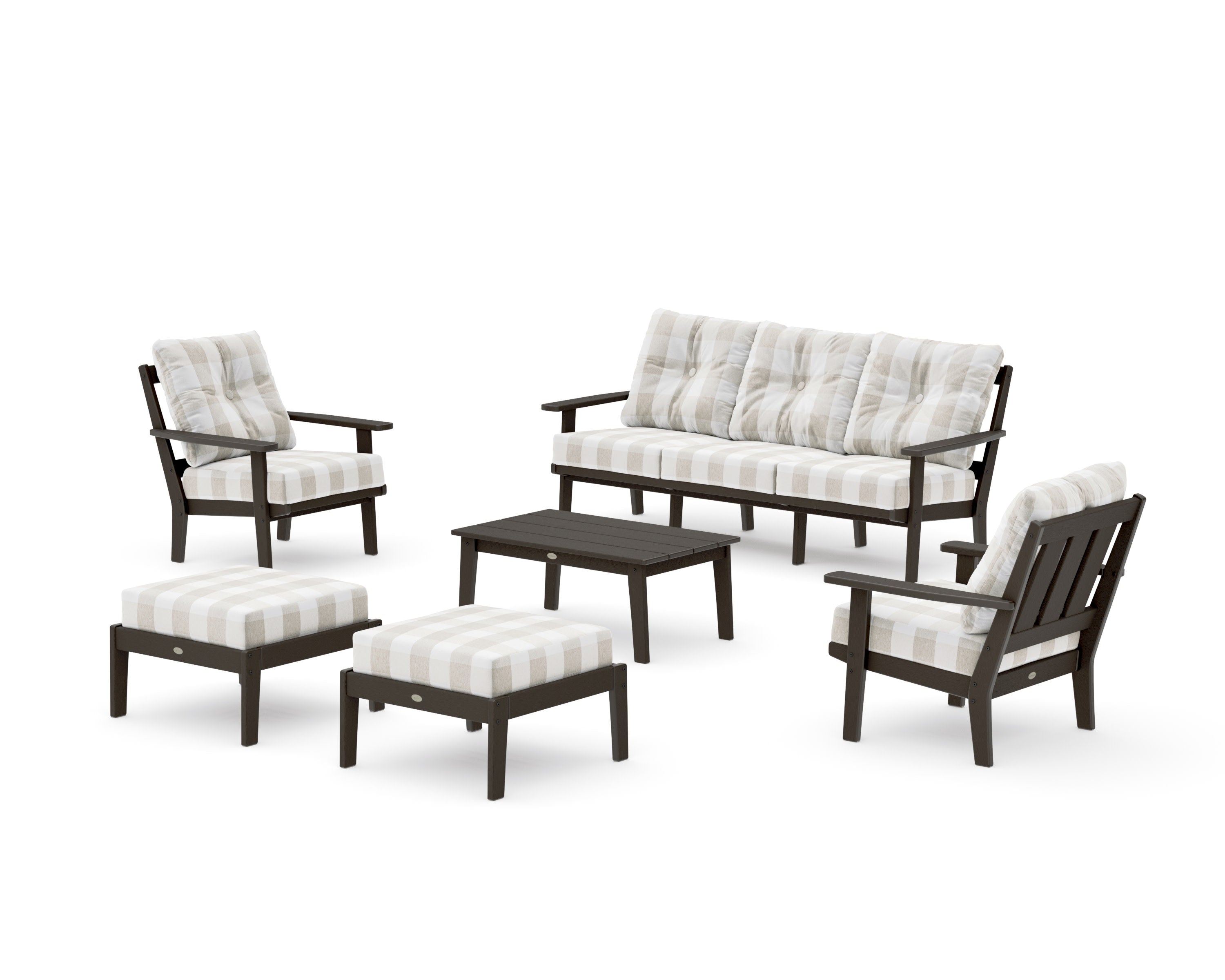Oxford 6-Piece Lounge Sofa Set in Vintage Coffee / Buffalo Plaid Dune Burlap