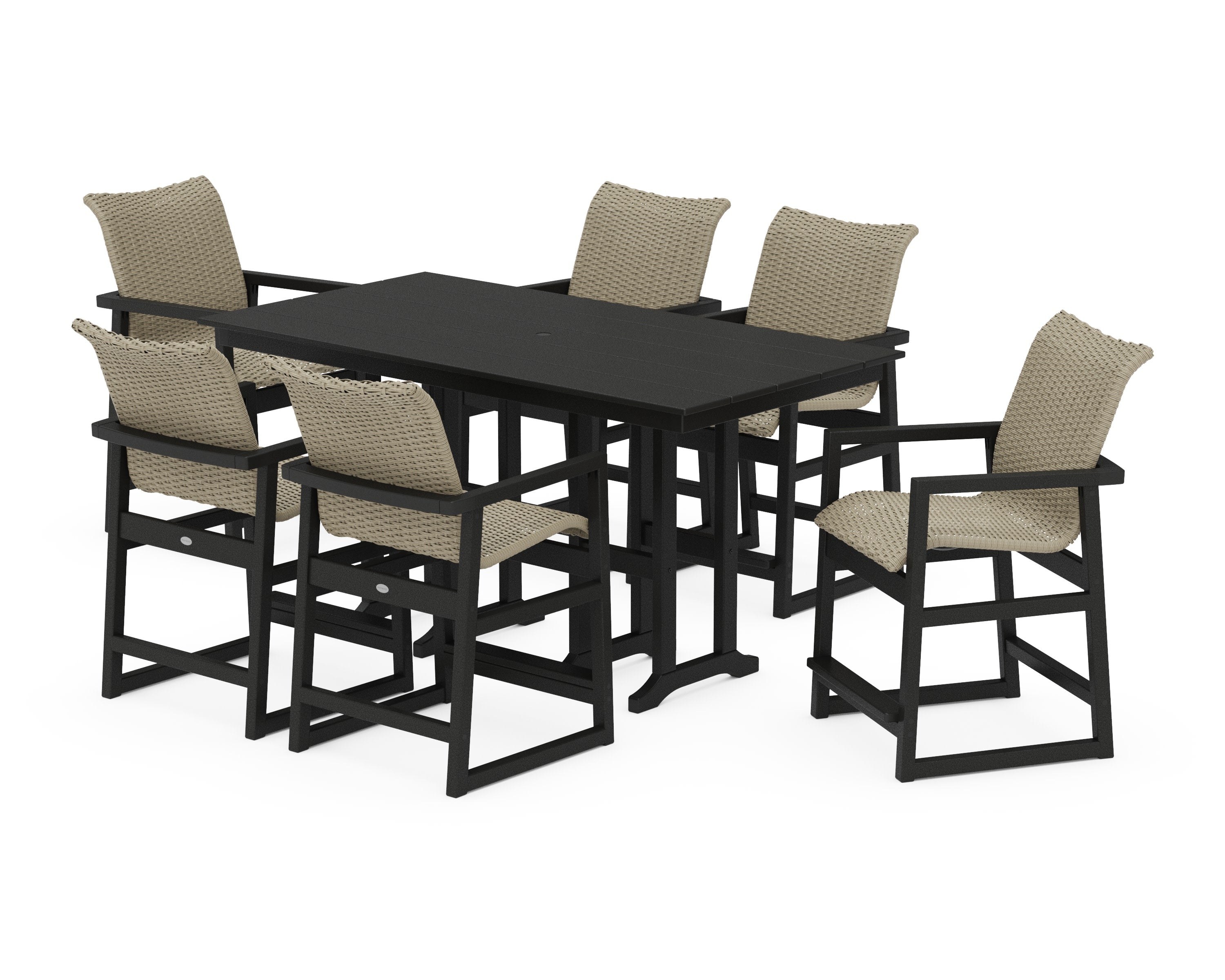 EDGE Woven Arm Chair 7-Piece Farmhouse Counter Set in Black / Dune Grass
