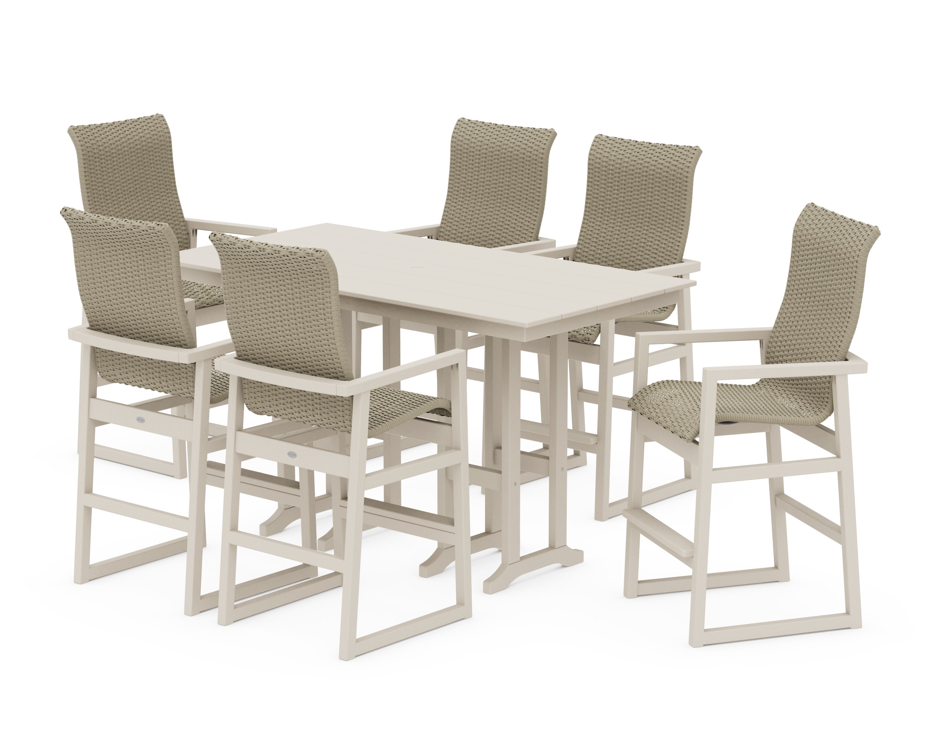 EDGE Woven Highback Arm Chair 7-Piece Farmhouse Bar Set in Sand / Dune Grass