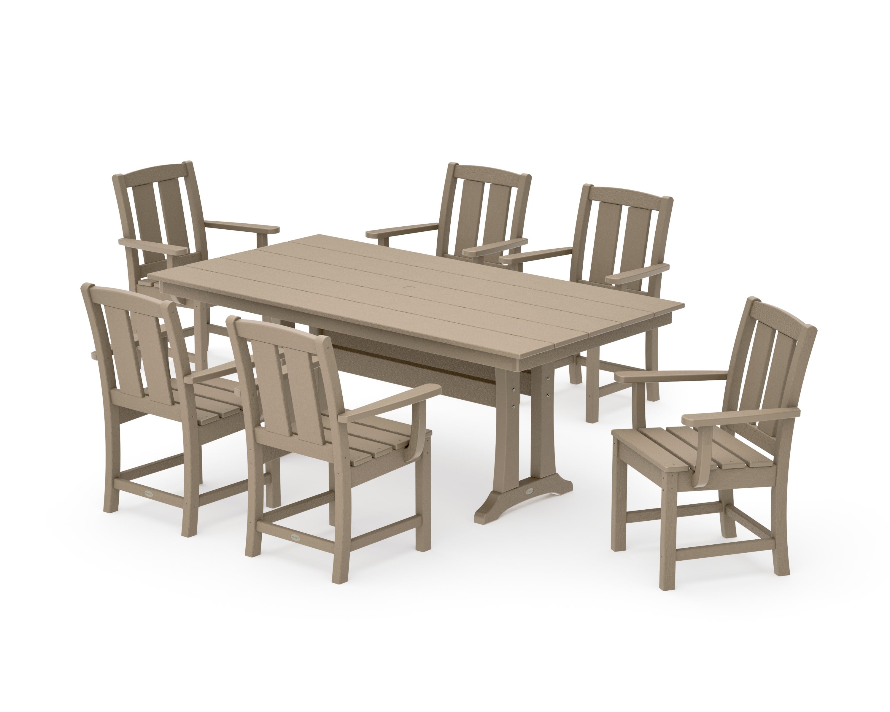 Mission Arm Chair 7-Piece Farmhouse Dining Set with Trestle Legs in Vintage Sahara