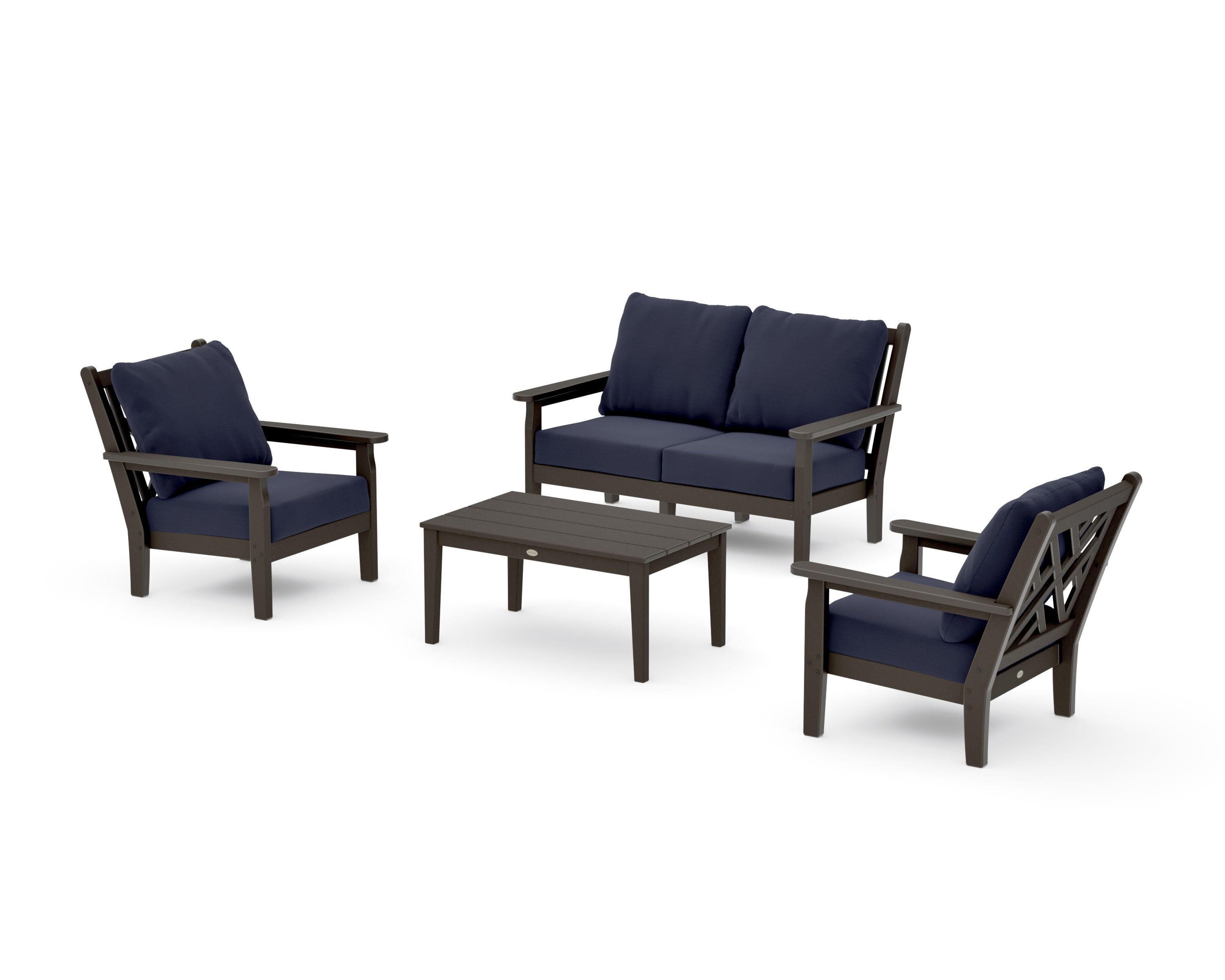 Chippendale 4-Piece Deep Seating Set with Loveseat in Vintage Coffee / Navy Linen