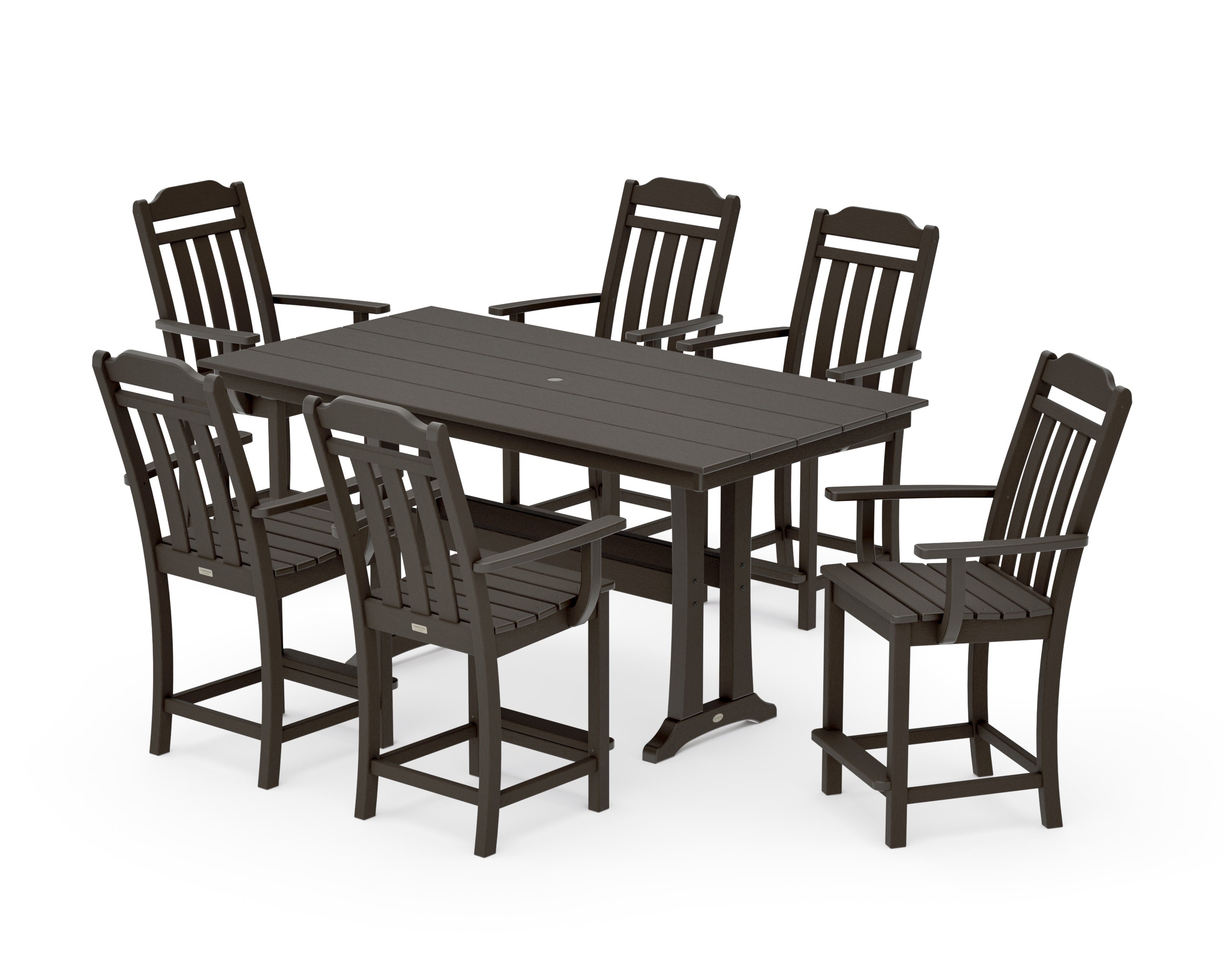 Cottage Arm Chair 7-Piece Farmhouse Counter Set with Trestle Legs in Vintage Coffee