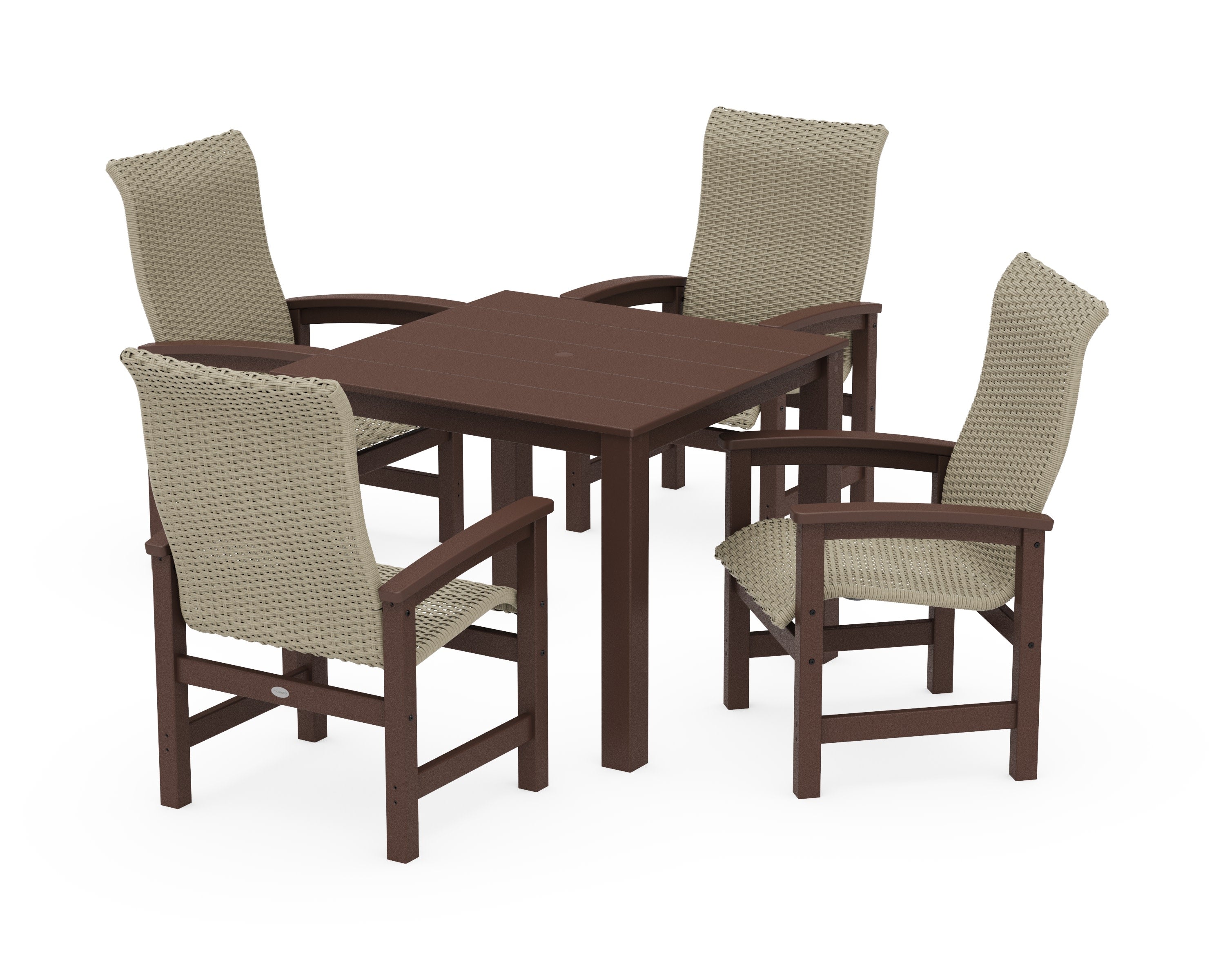 Coastal Woven High-Back 5-Piece Parsons Dining Set in Mahogany / Dune Grass