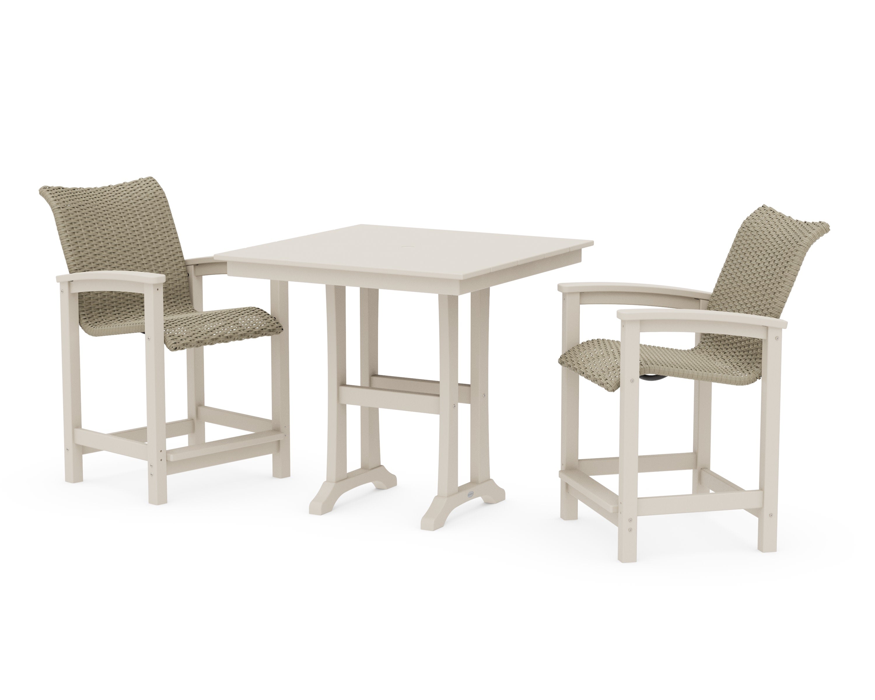 Coastal Woven 3-Piece Farmhouse Counter Set with Trestle Legs in Sand / Dune Grass