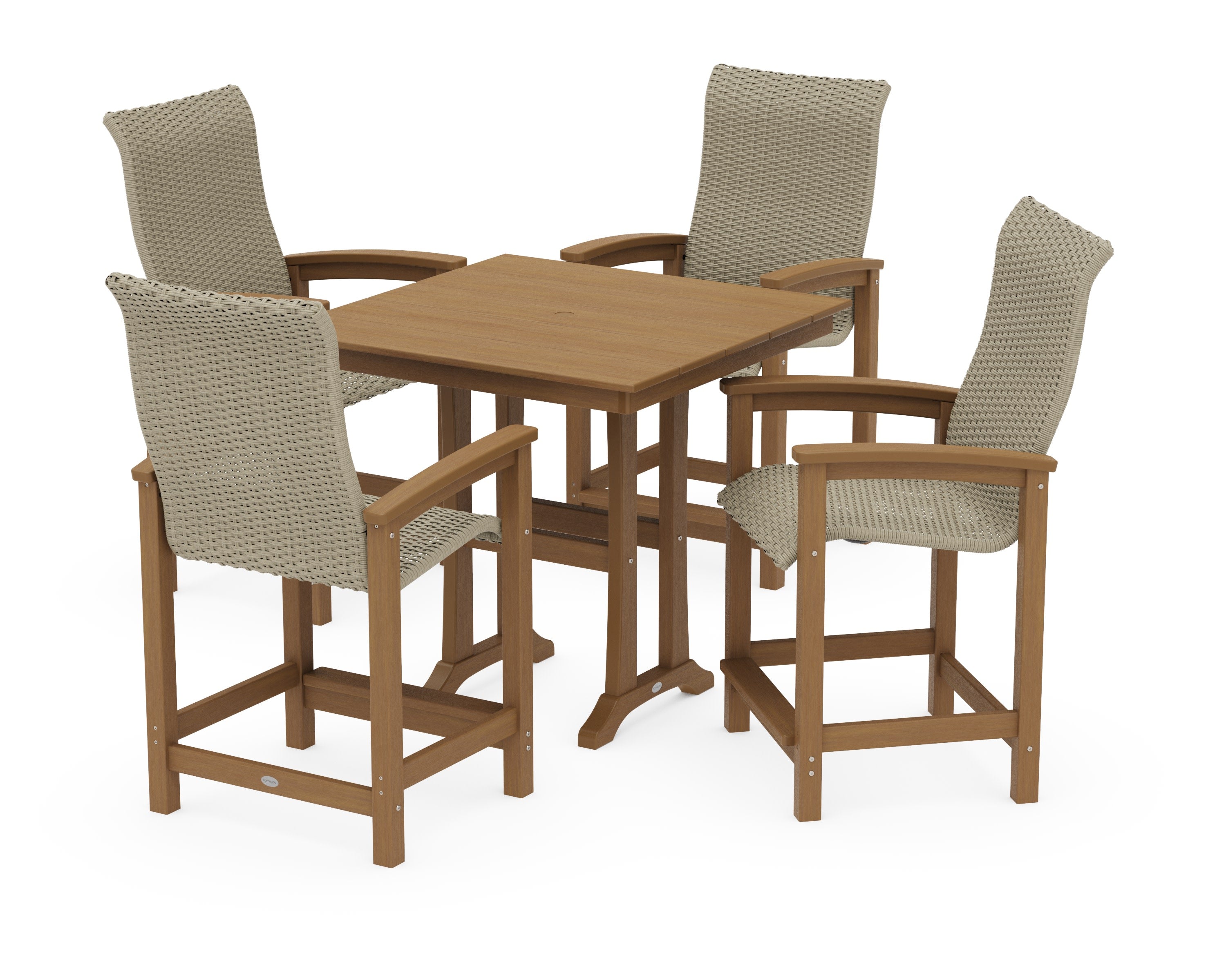 Coastal Woven High-Back 5-Piece Farmhouse Counter Set with Trestle Legs in Natural / Dune Grass