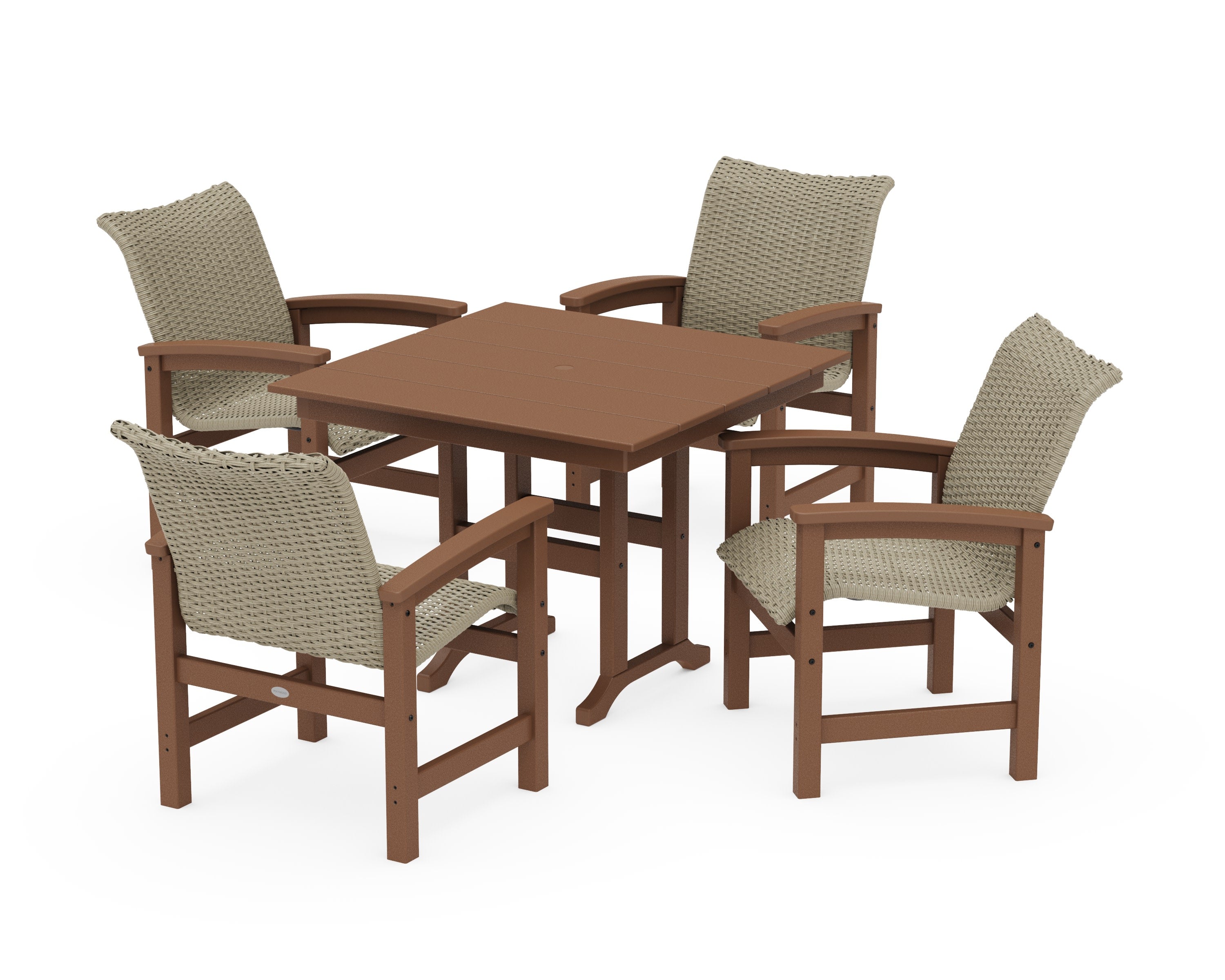 Coastal Woven 5-Piece Farmhouse Dining Set in Teak / Dune Grass