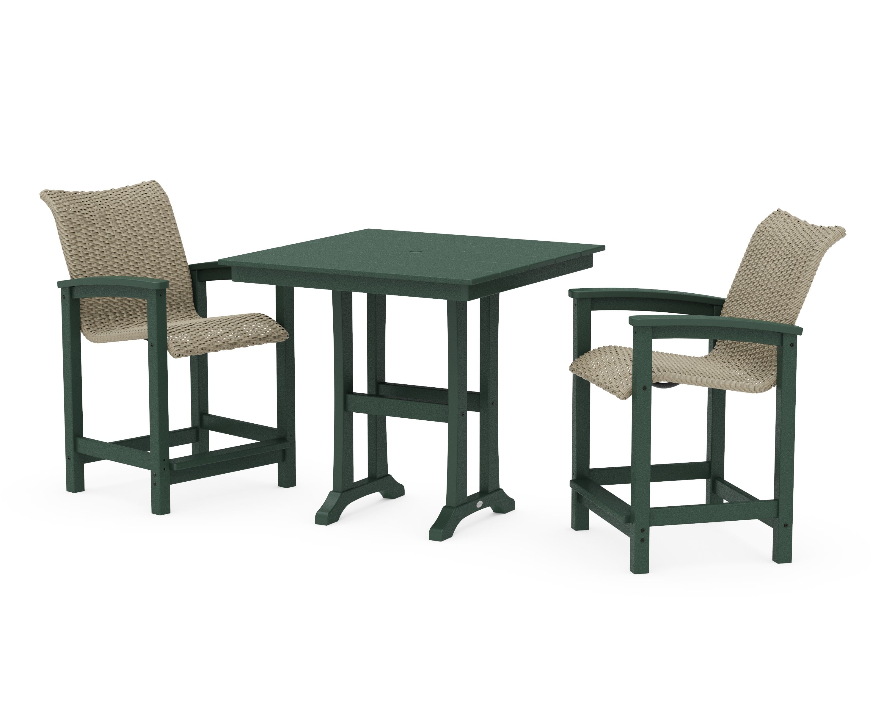 Coastal Woven 3-Piece Farmhouse Counter Set with Trestle Legs in Green / Dune Grass