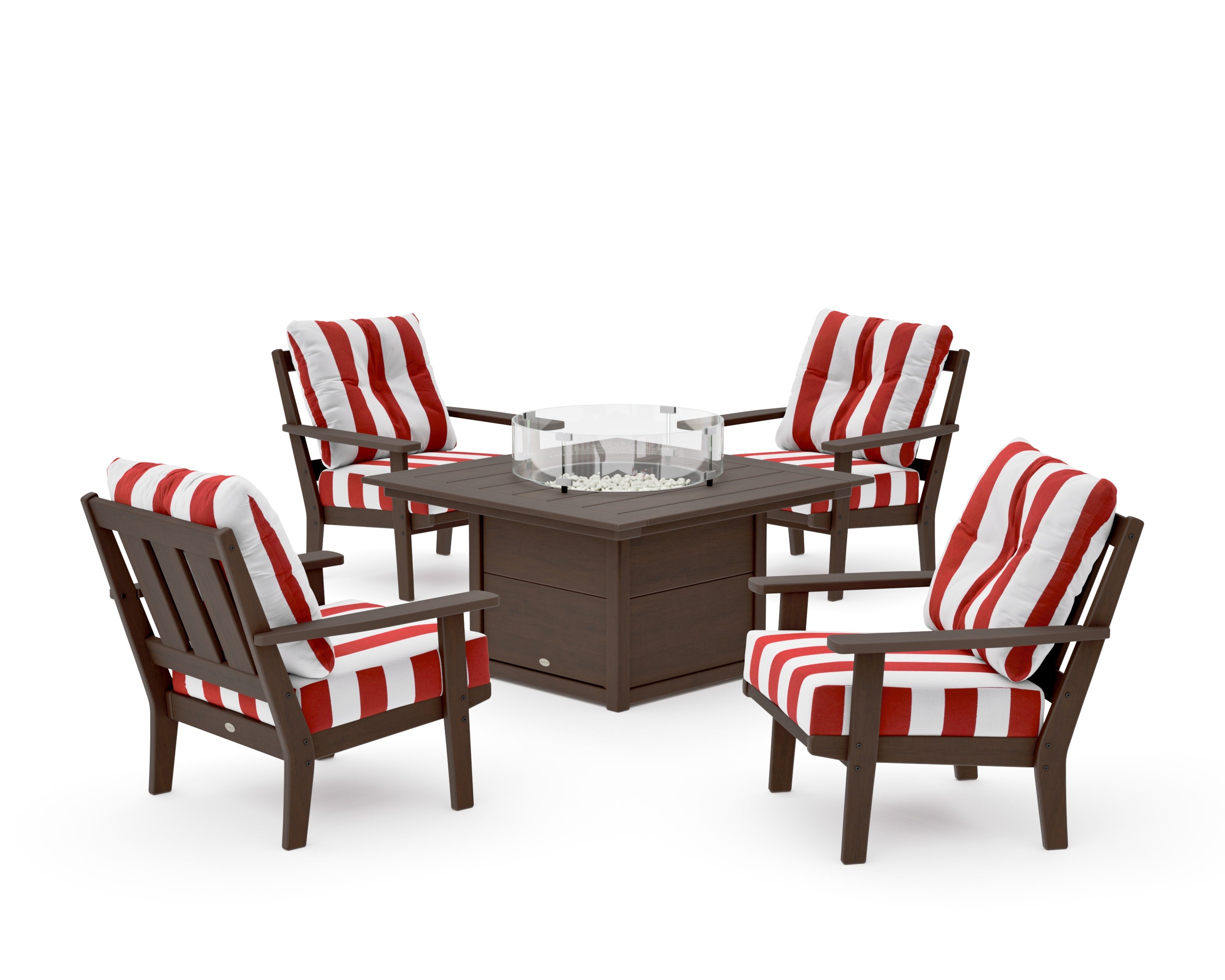 Oxford 5-Piece Deep Seating Set with Fire Pit Table in Kona / Cabana Stripe Crimson