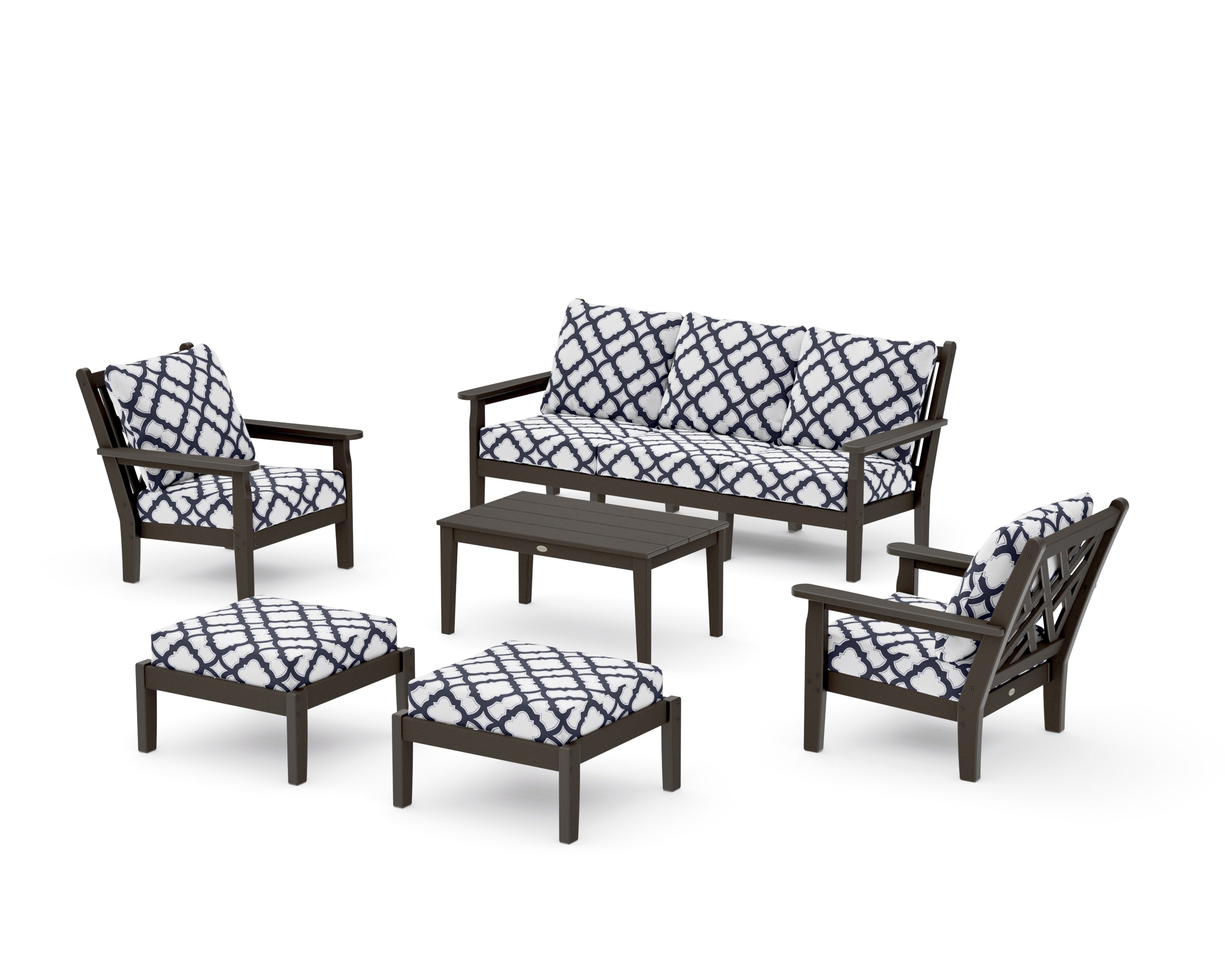 Chippendale 6-Piece Lounge Sofa Set in Vintage Coffee / Trellis Navy