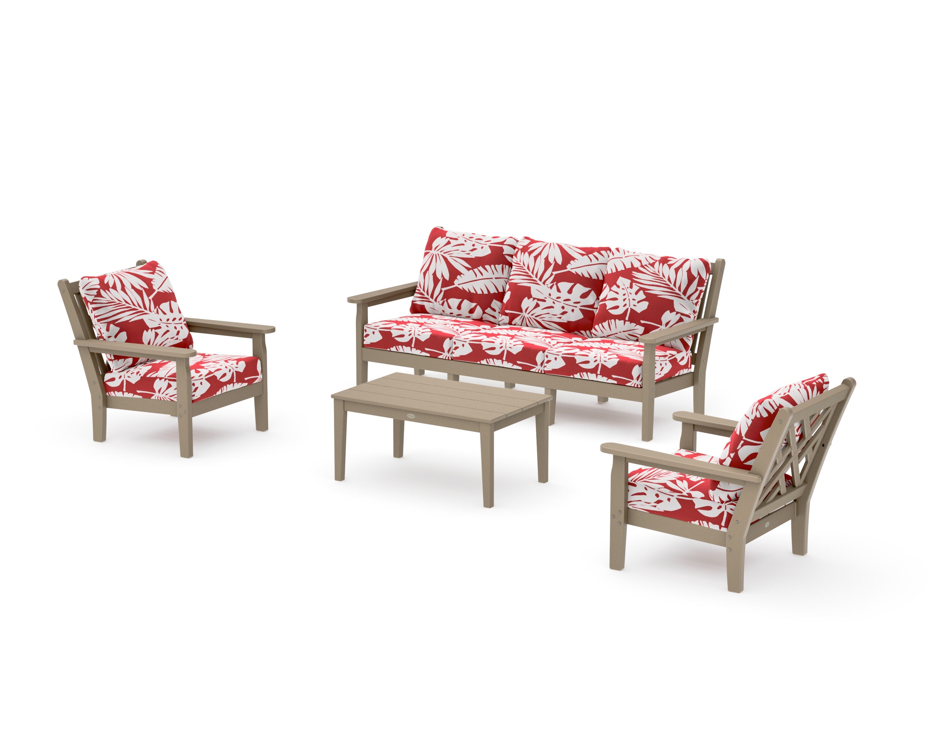 Chippendale 4-Piece Deep Seating Set with Sofa in Vintage Sahara / Leaf Crimson