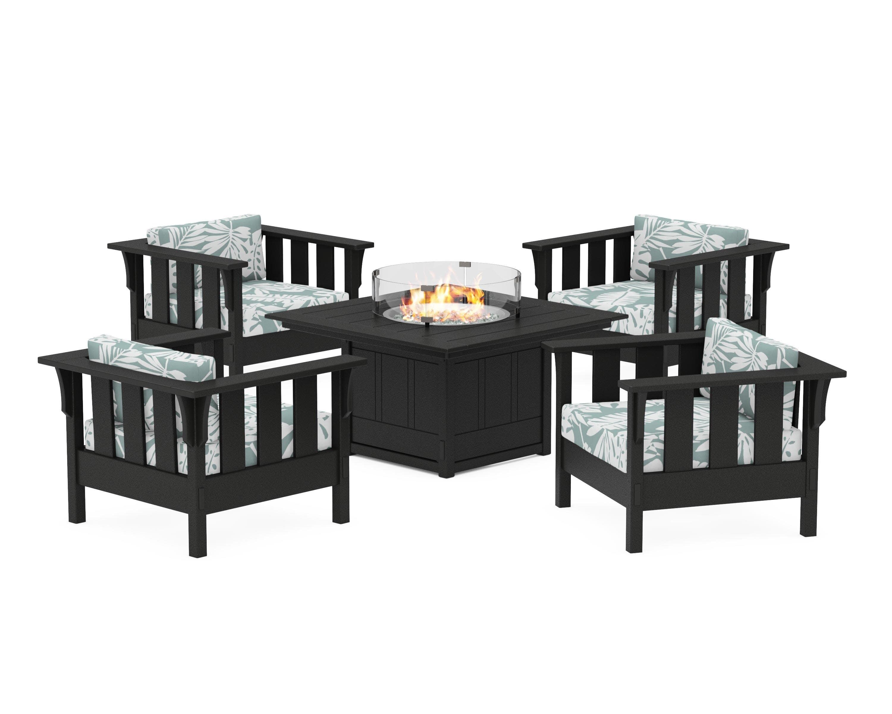 Acadia 5-Piece Deep Seating Set with Fire Pit Table in Black / Leaf Glacier Spa