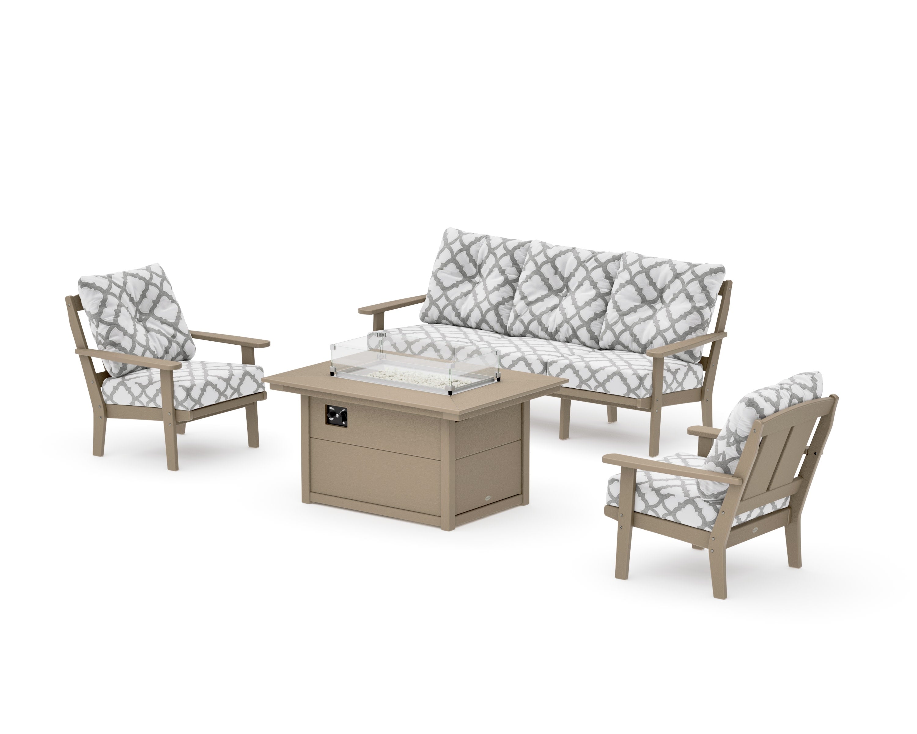 Mission Deep Seating Fire Pit Table Set in Vintage Sahara / Trellis Grey Mist