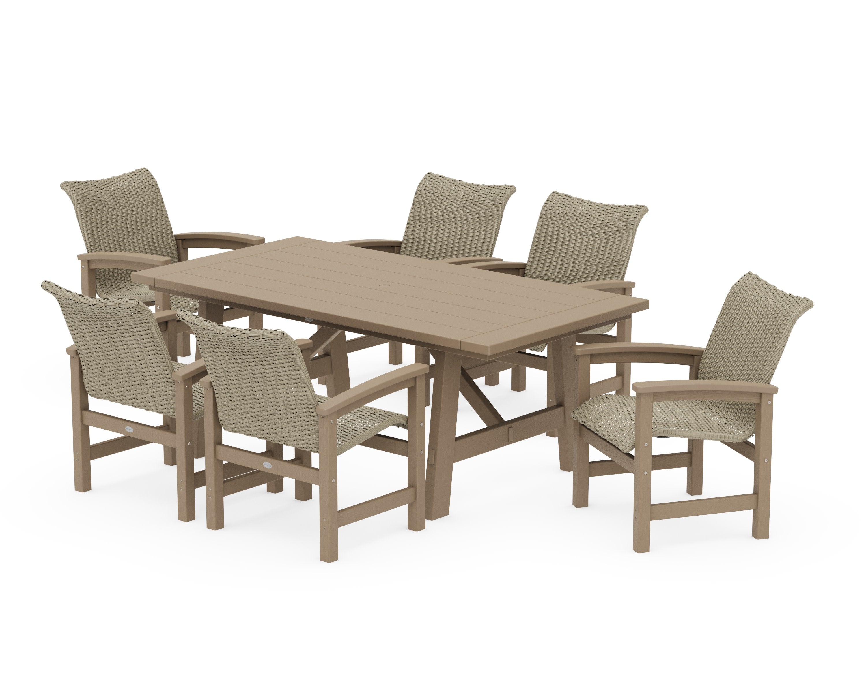 Coastal Woven Arm Chair 7-Piece Rustic Farmhouse Dining Set in Vintage Sahara / Dune Grass