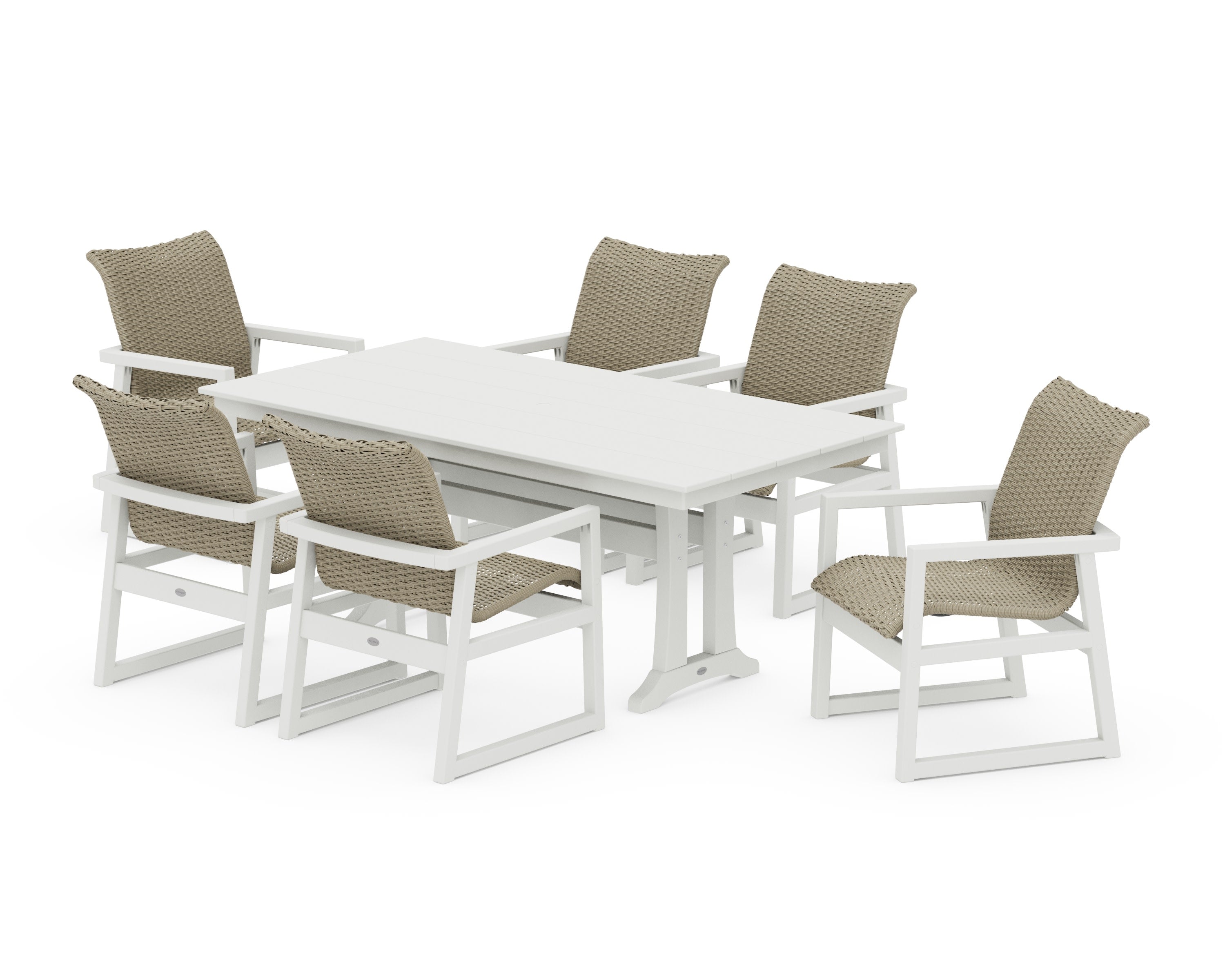 EDGE Woven Arm Chair 7-Piece Farmhouse Dining Set with Trestle Legs in White / Dune Grass