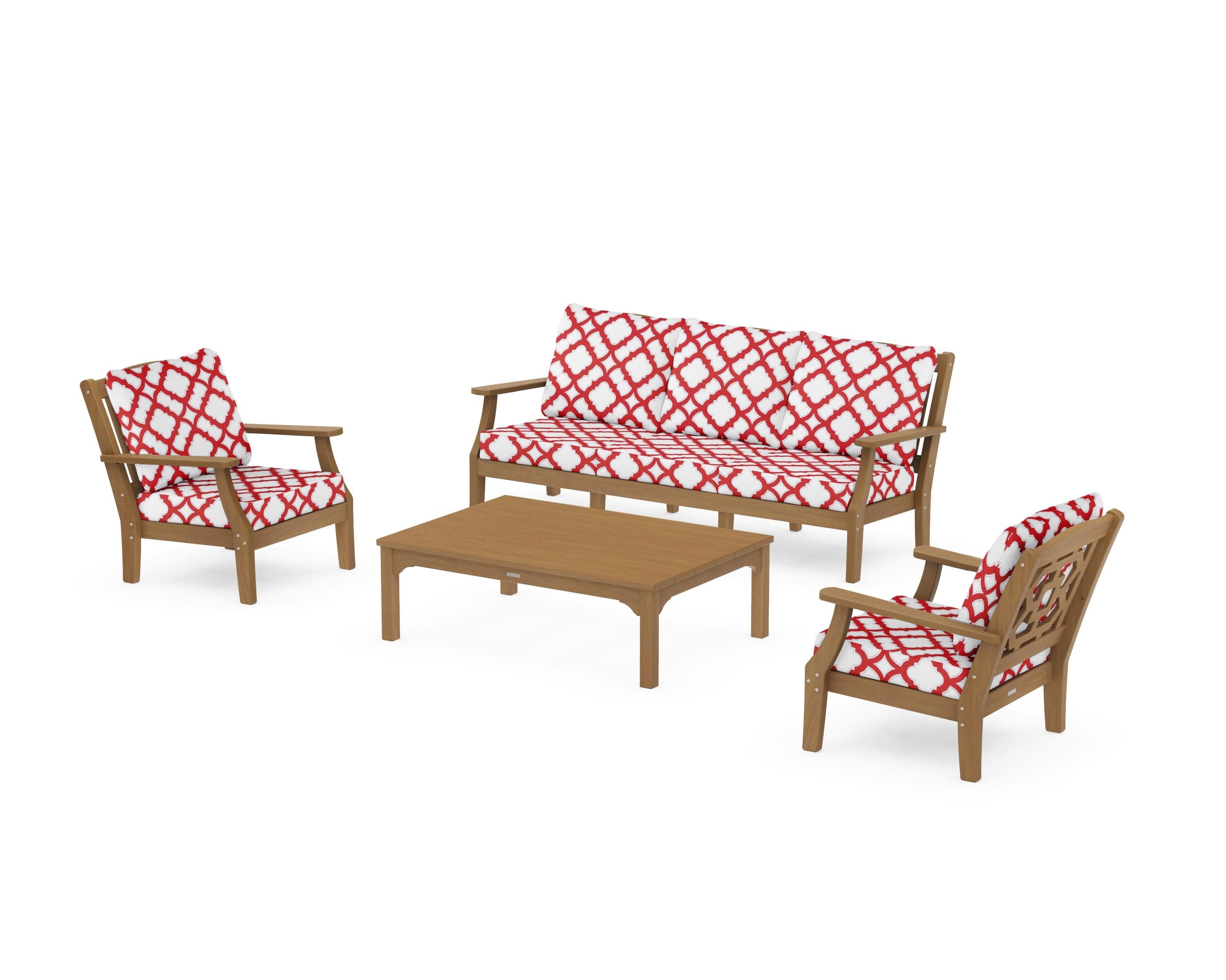 Chinoiserie 4-Piece Deep Seating Set with Sofa in Natural / Trellis Crimson