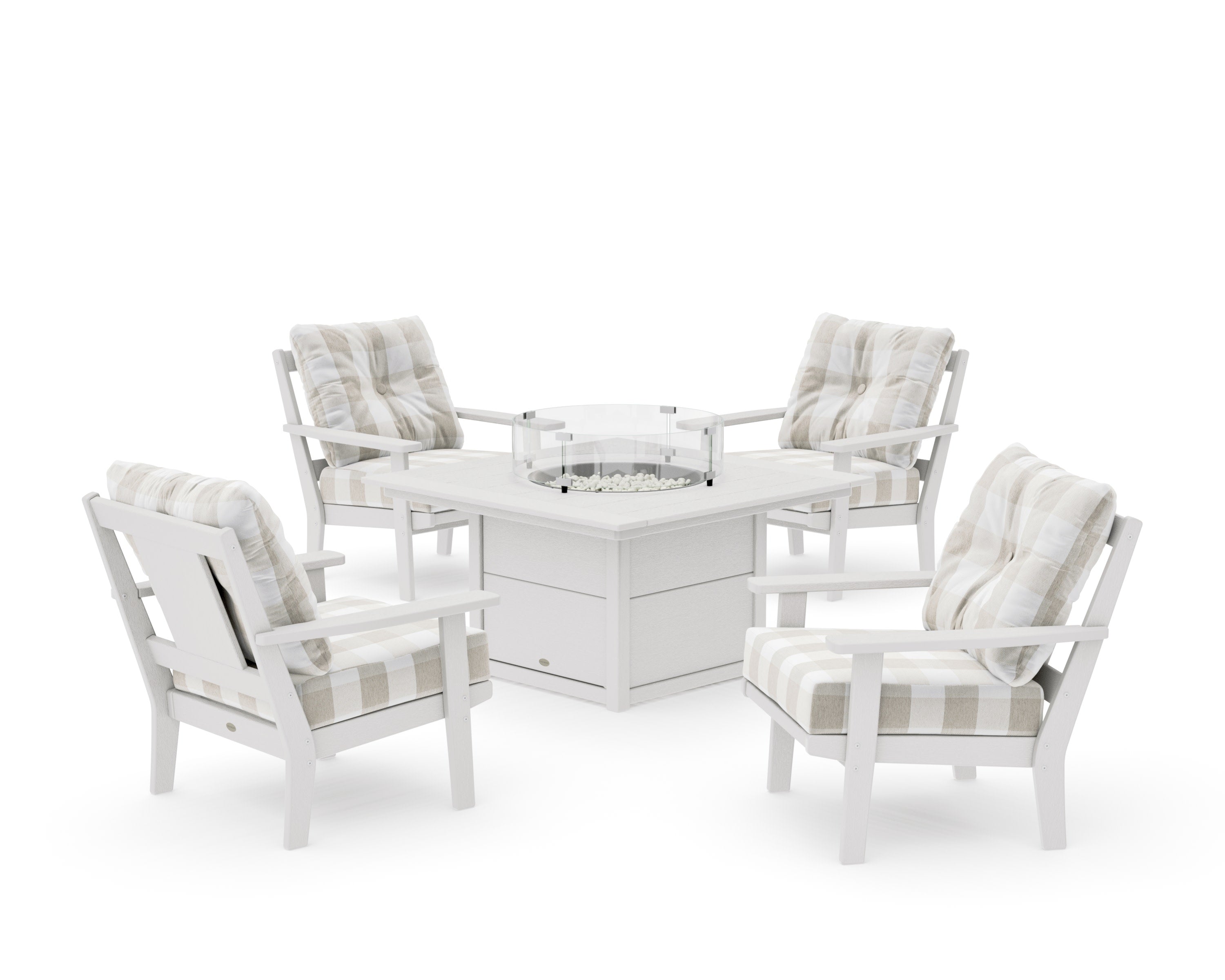 Prairie 5-Piece Deep Seating Set with Fire Pit Table in Vintage White / Buffalo Plaid Dune Burlap