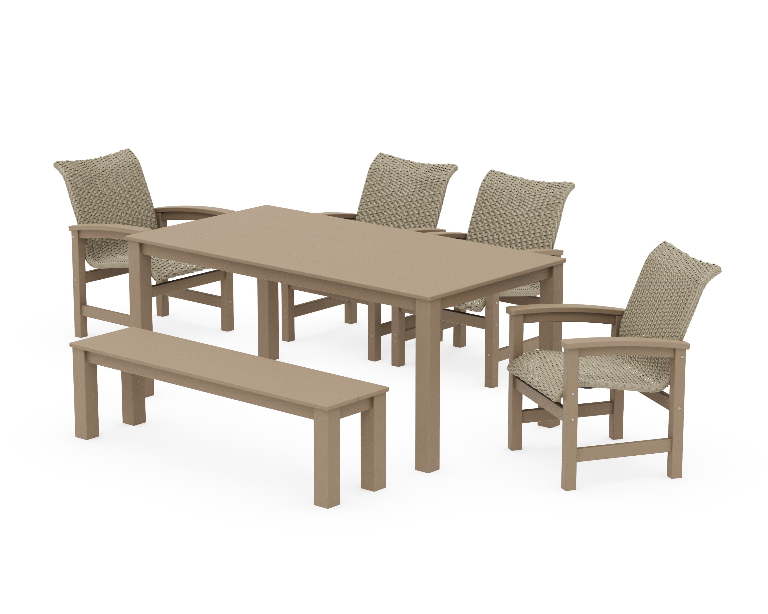 Coastal Woven 6-Piece Parsons Dining Set with Bench in Vintage Sahara / Dune Grass