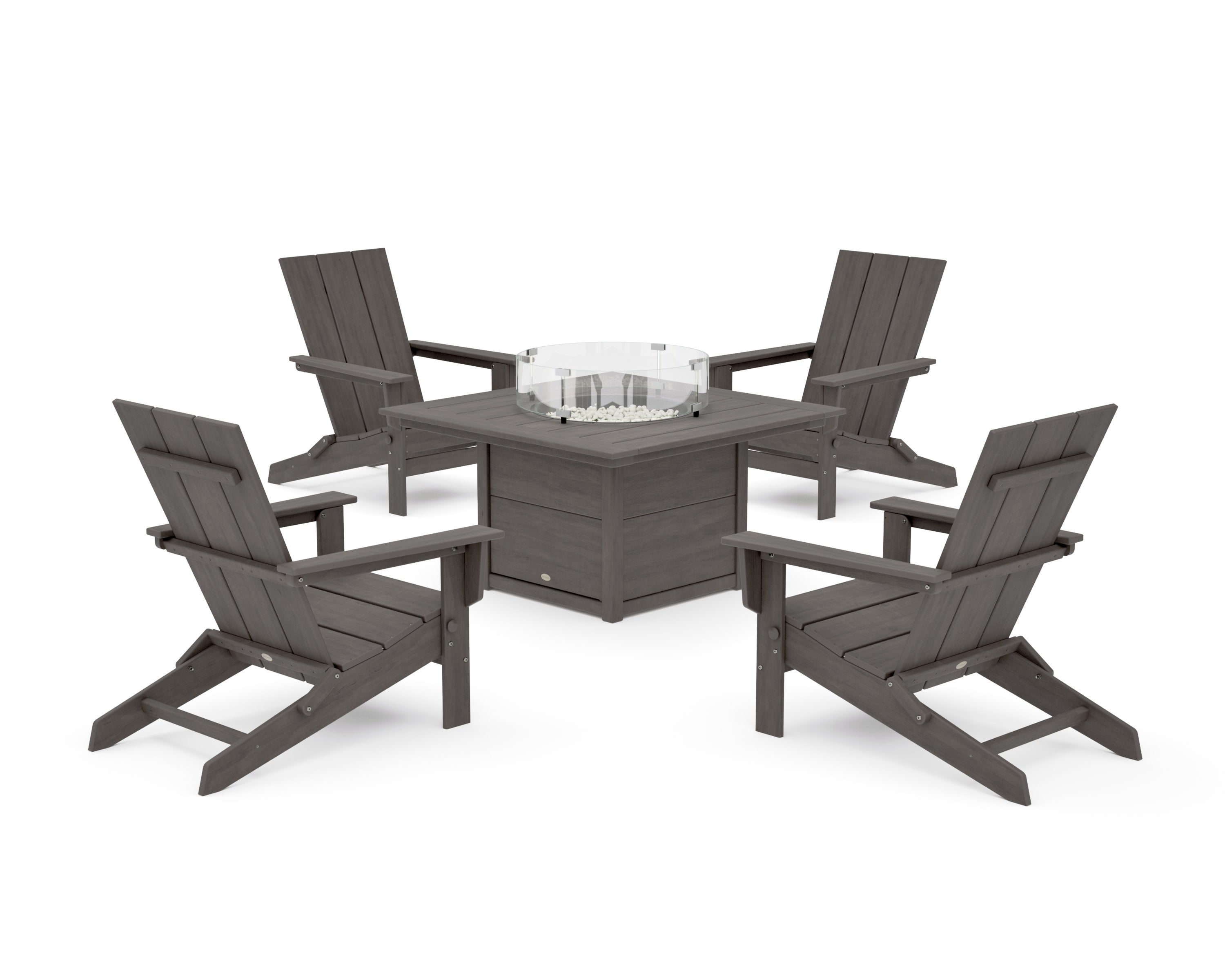 5-Piece Modern Studio Folding Adirondack Conversation Set with Fire Pit Table in Driftwood