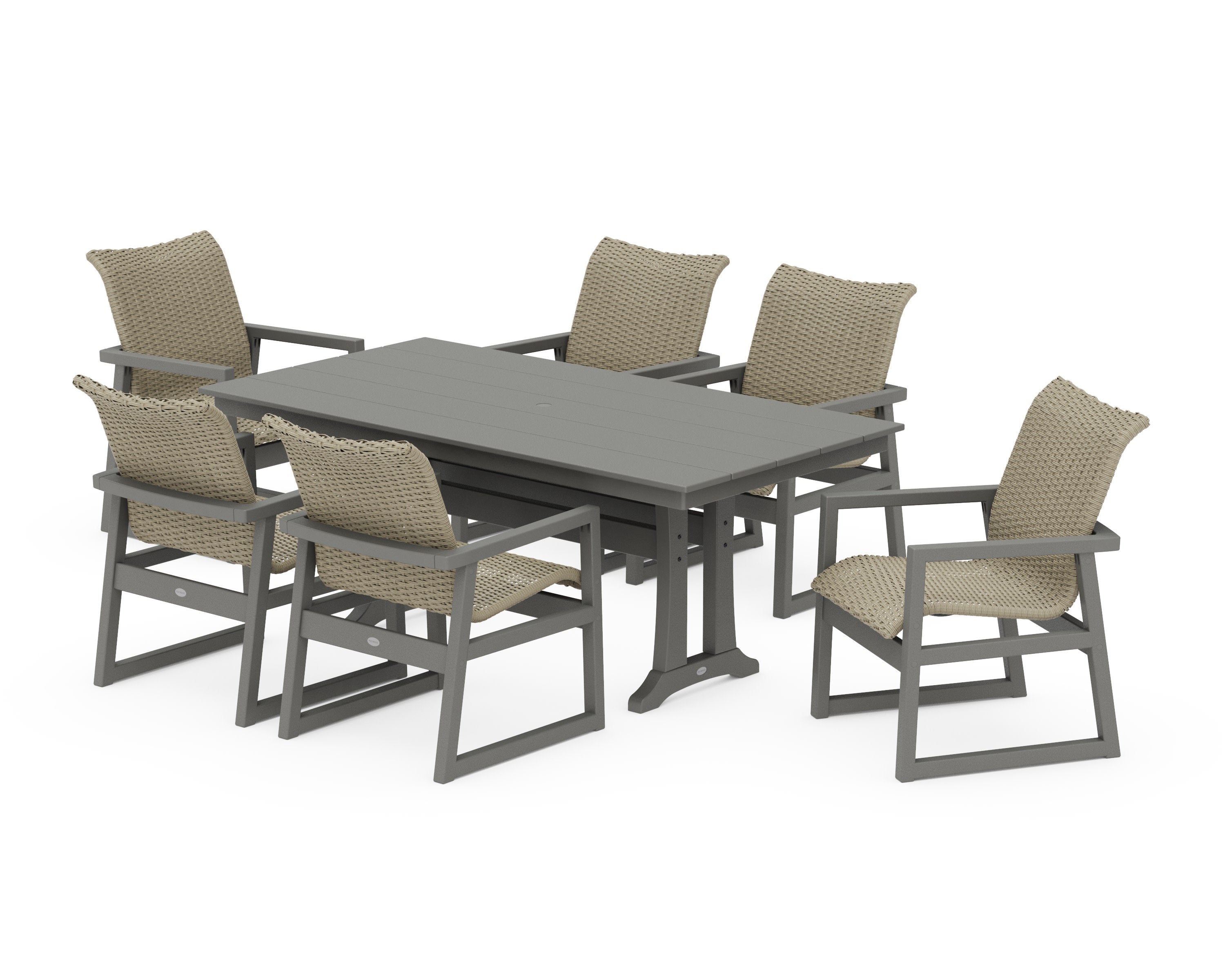 EDGE Woven Arm Chair 7-Piece Farmhouse Dining Set with Trestle Legs