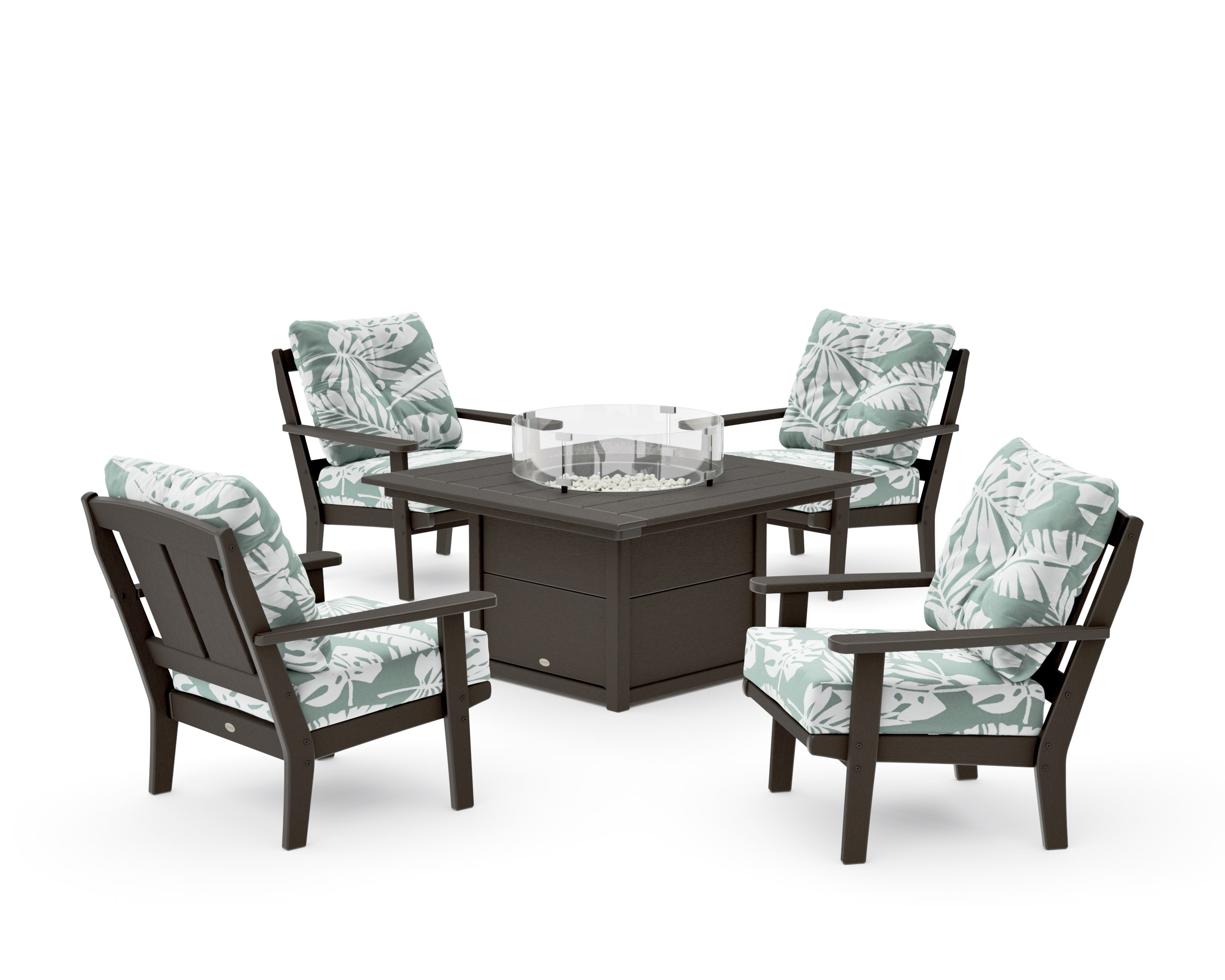 Mission 5-Piece Deep Seating Set with Fire Pit Table in Vintage Coffee / Leaf Glacier Spa