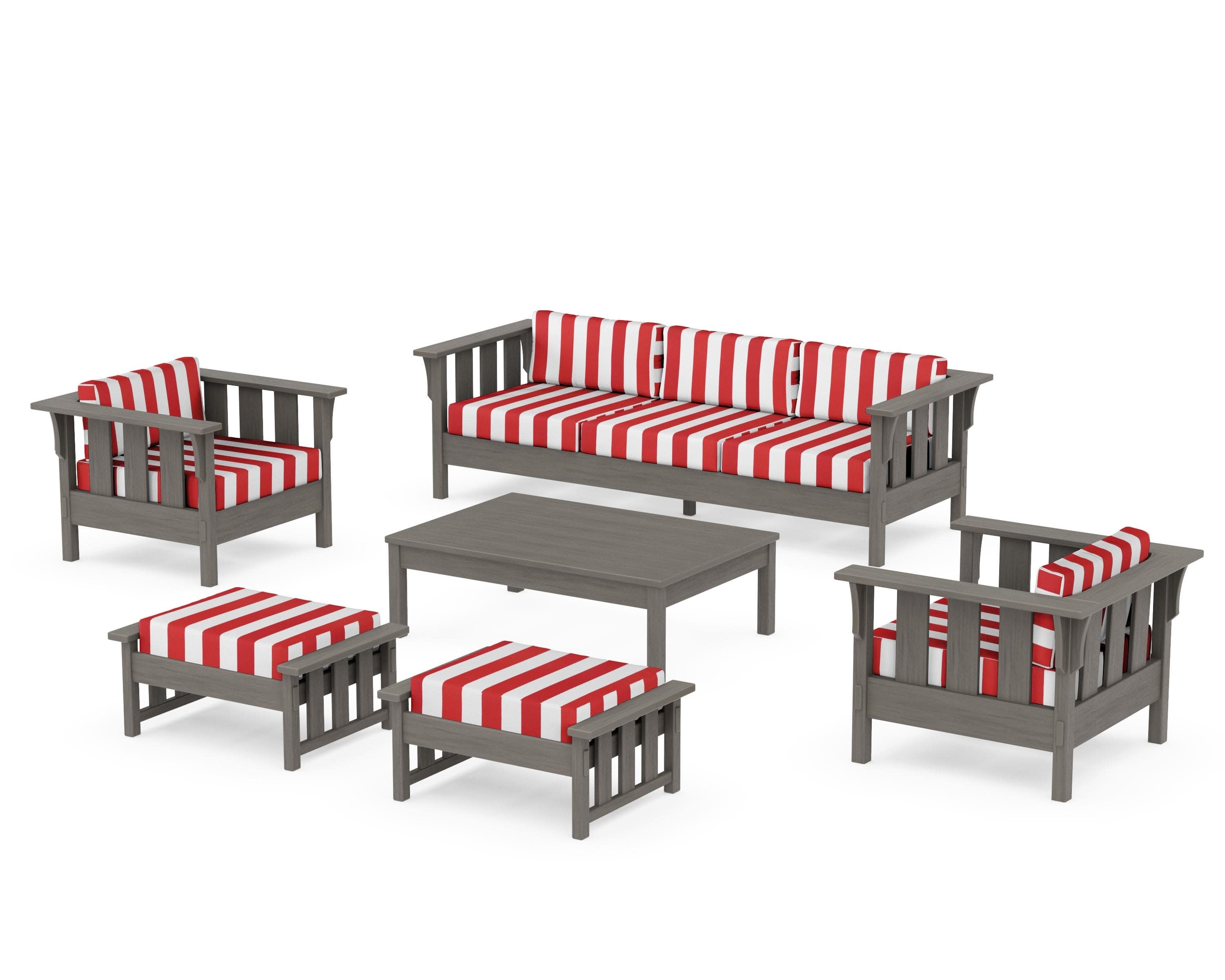 Acadia 6-Piece Lounge Sofa Set in Driftwood / Cabana Stripe Crimson