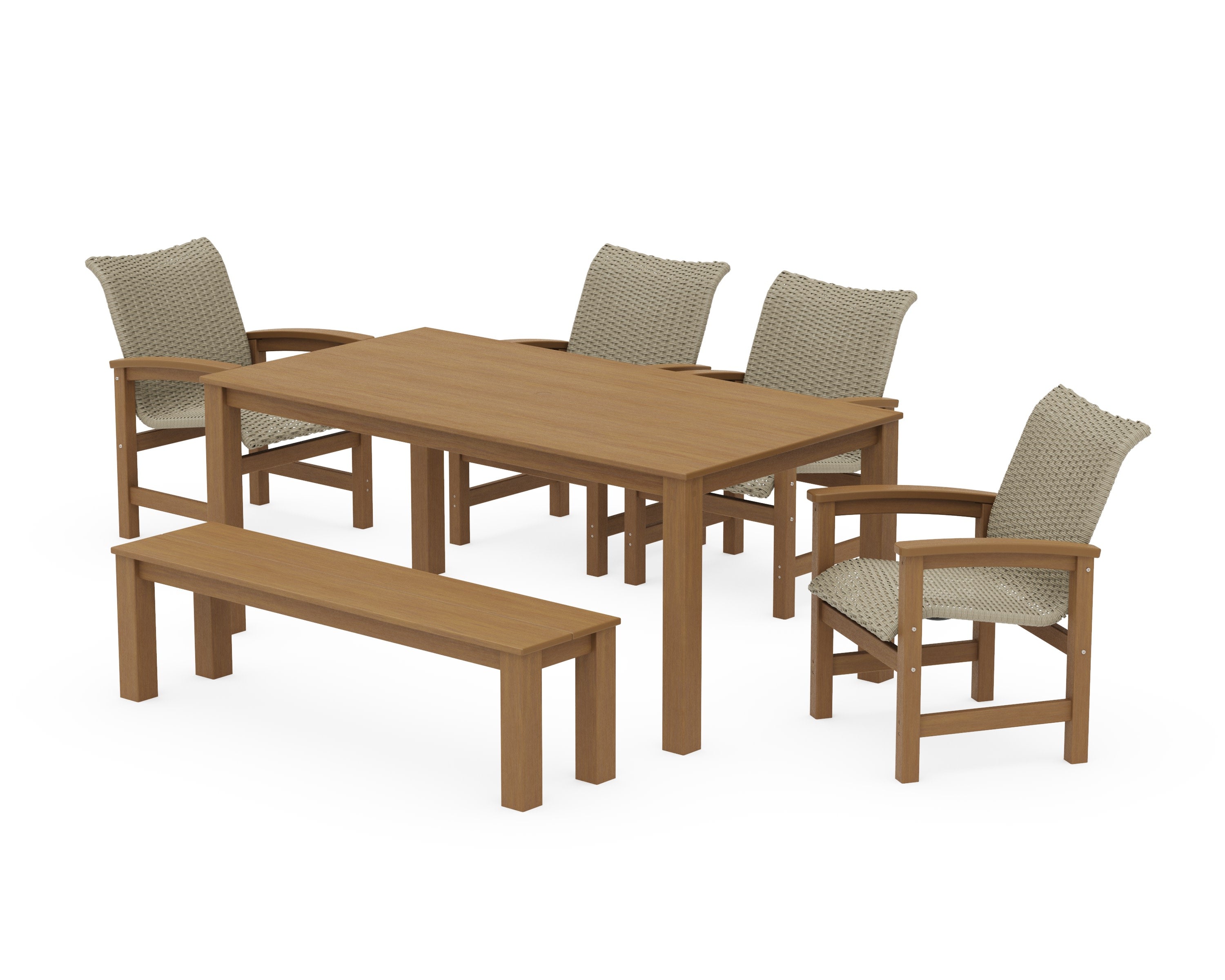Coastal Woven 6-Piece Parsons Dining Set with Bench in Natural / Dune Grass