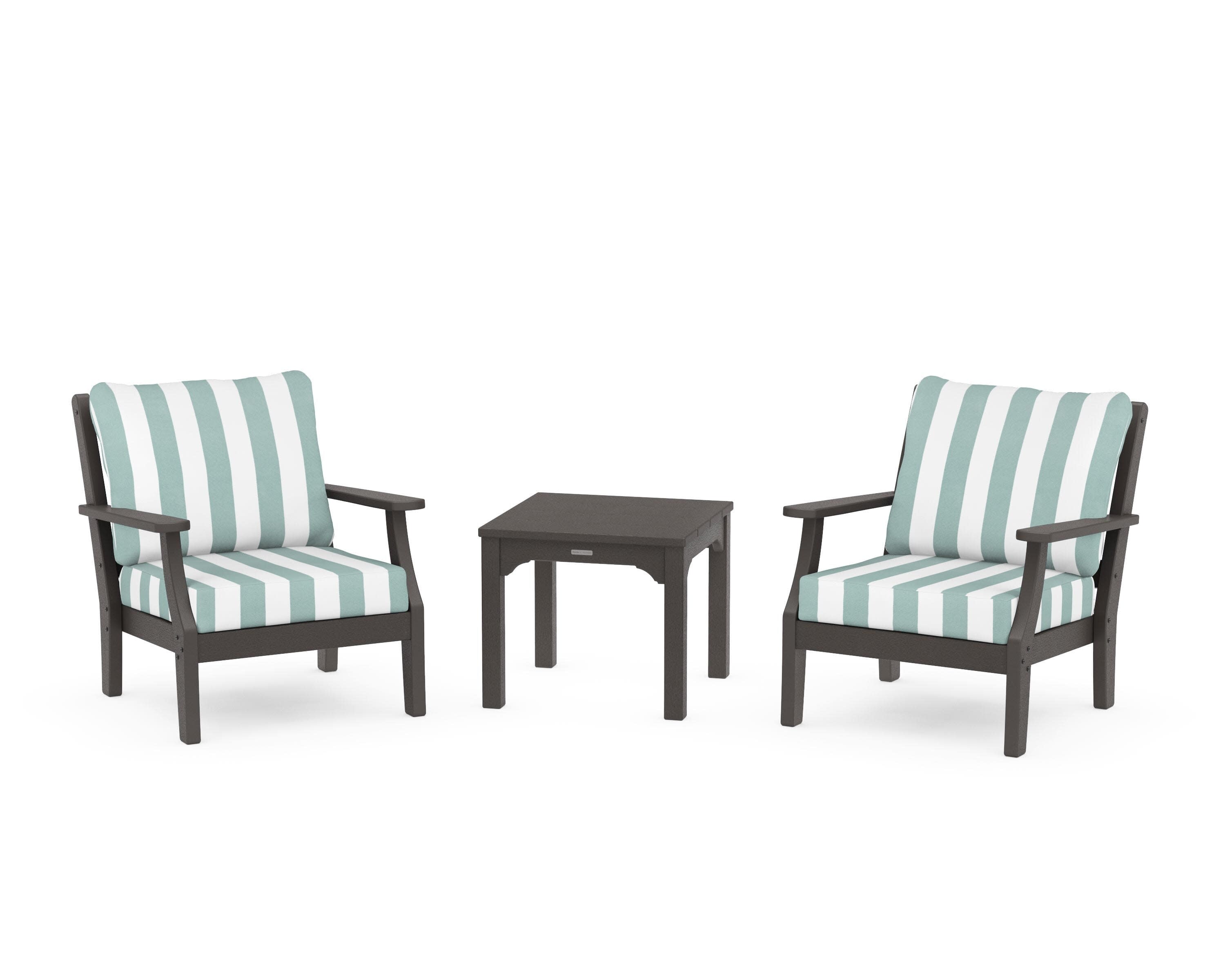 Chinoiserie 3-Piece Deep Seating Set in Vintage Coffee / Cabana Stripe Glacier Spa