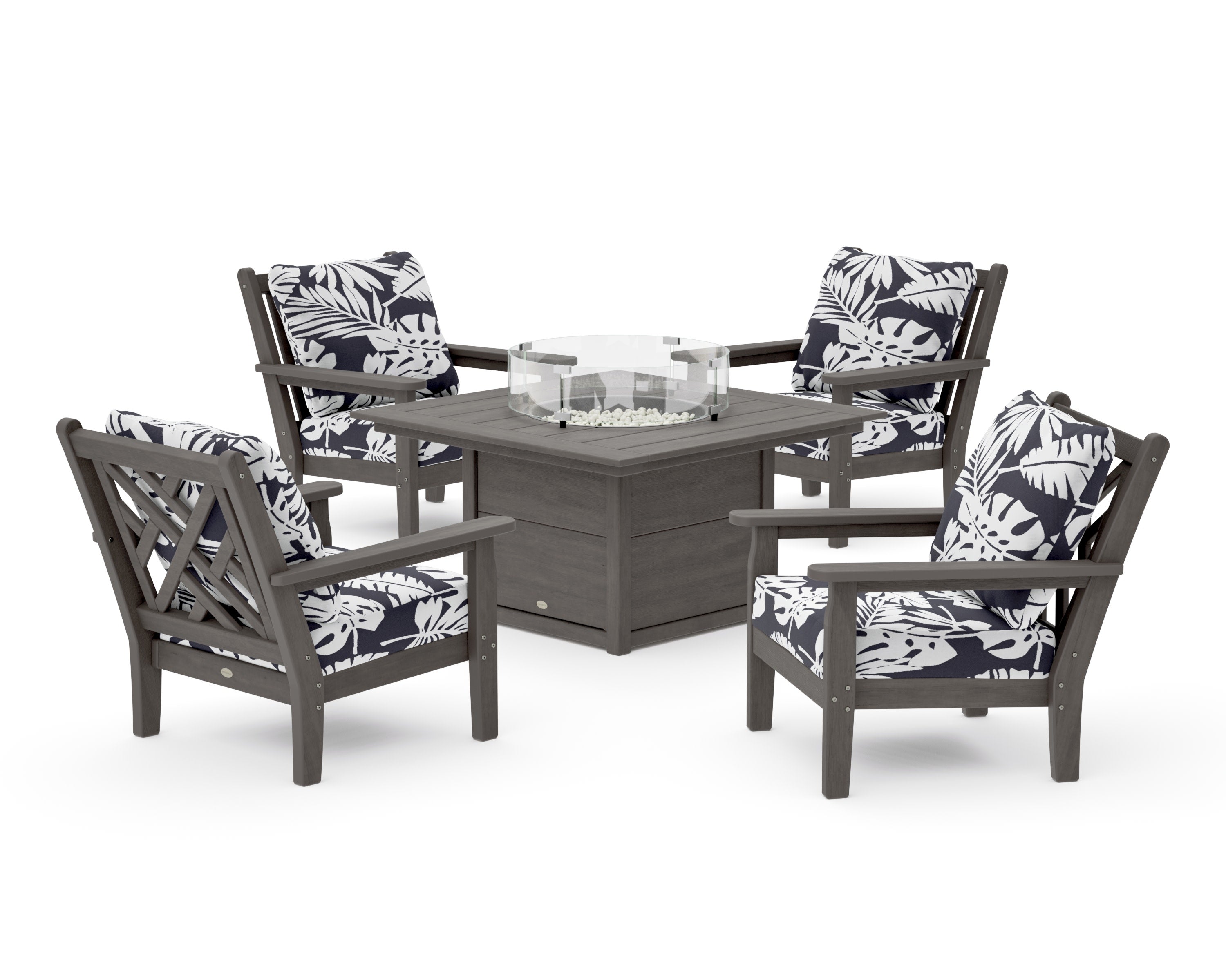 Chippendale 5-Piece Deep Seating Set with Fire Pit Table in Driftwood / Leaf Navy