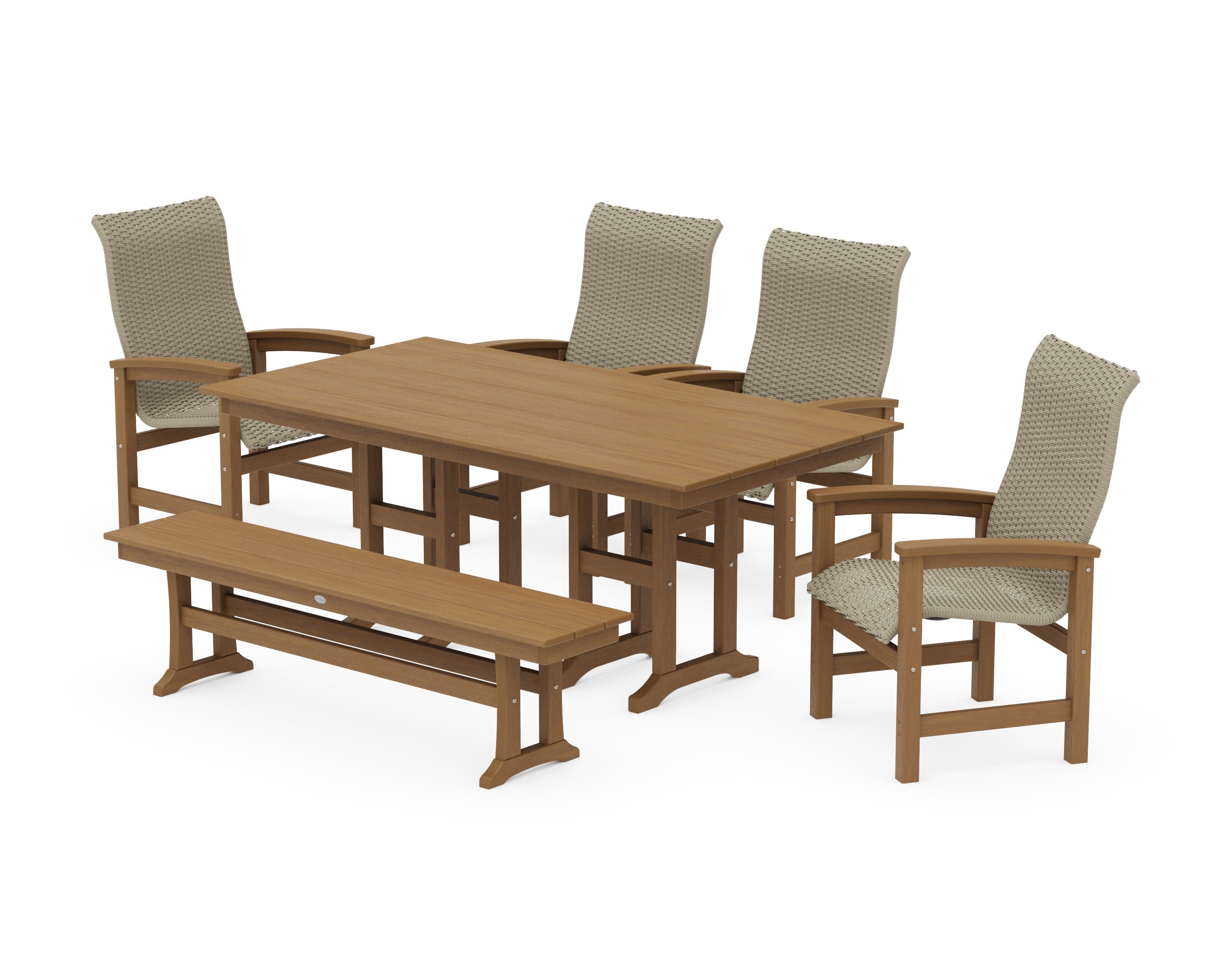 Coastal Woven High-Back 6-Piece Farmhouse Dining Set with Bench in Natural / Dune Grass