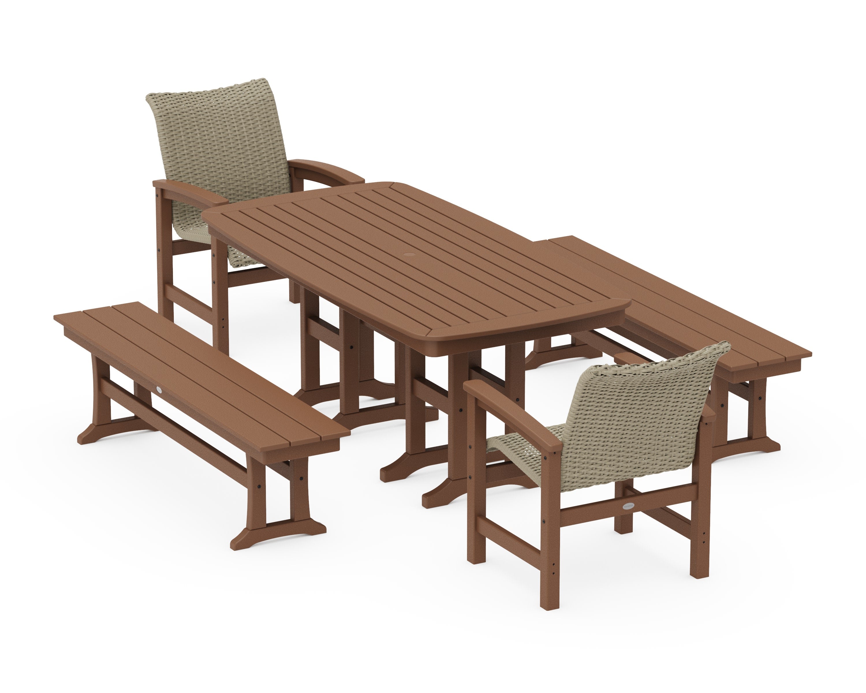 Coastal Woven 5-Piece Dining Set with Benches in Teak / Dune Grass
