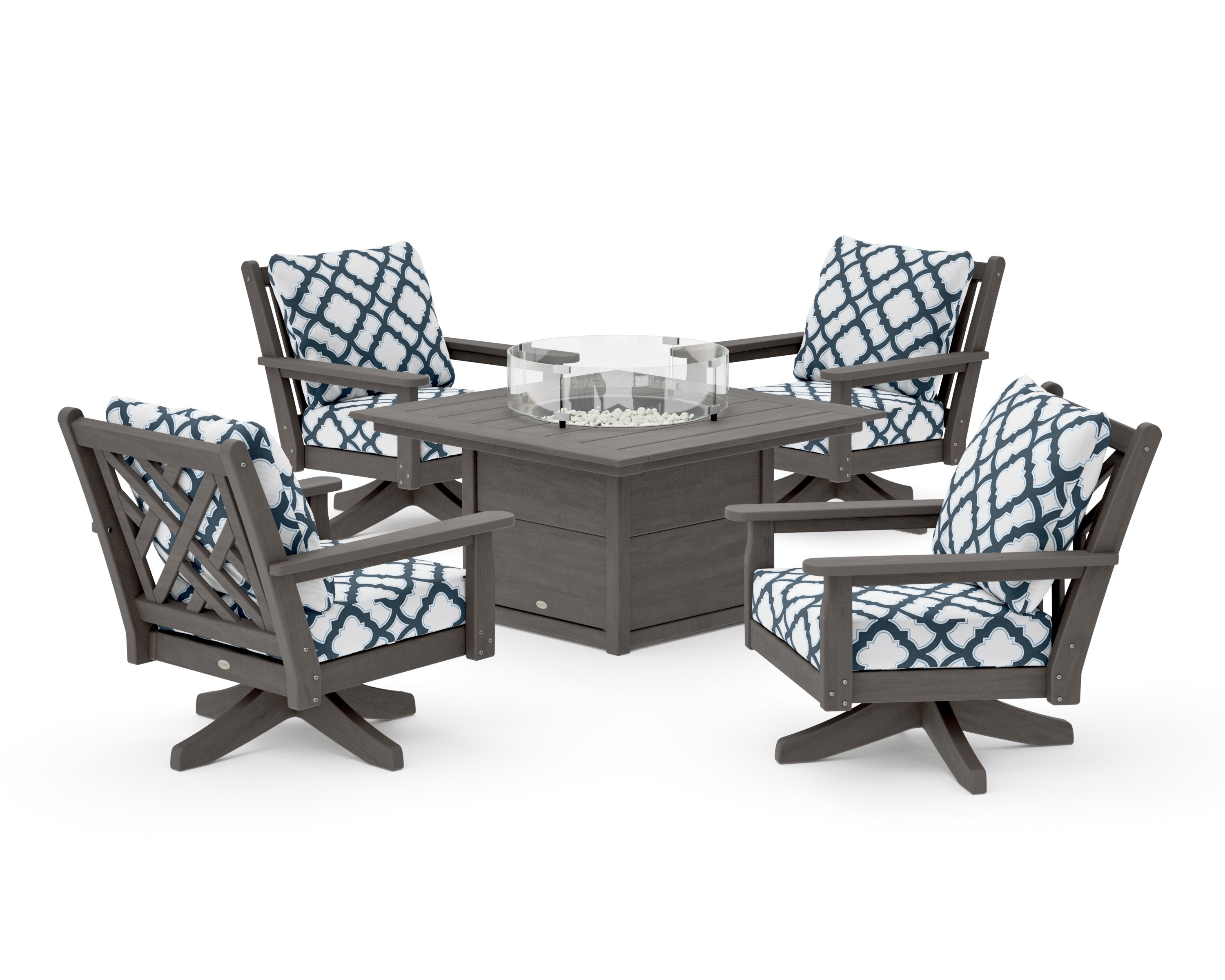 Chippendale 5-Piece Deep Seating Swivel Conversation Set with Fire Pit Table in Driftwood / Trellis Marine Indigo