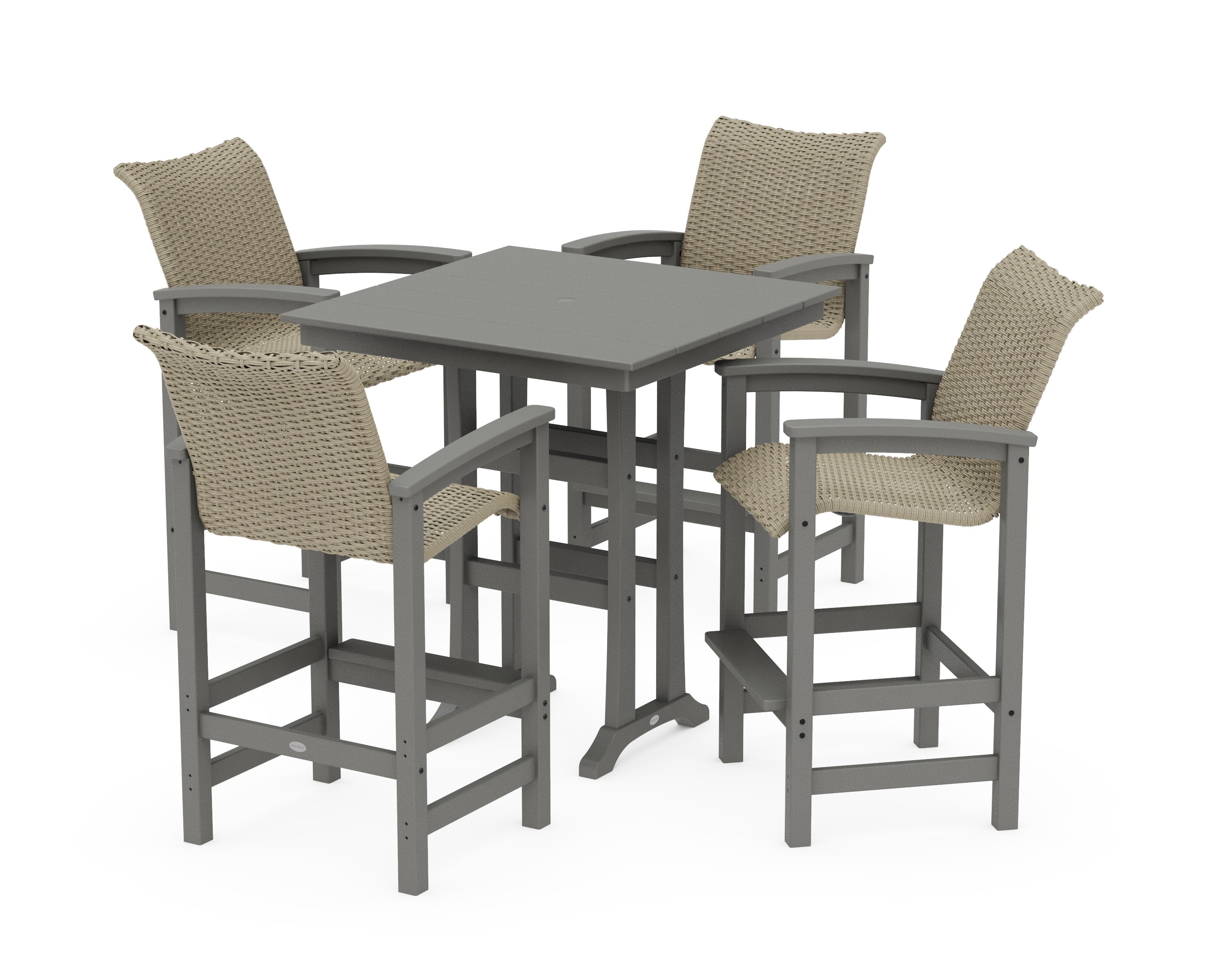 Coastal Woven 5-Piece Farmhouse Bar Set with Trestle Legs in Slate Grey / Dune Grass