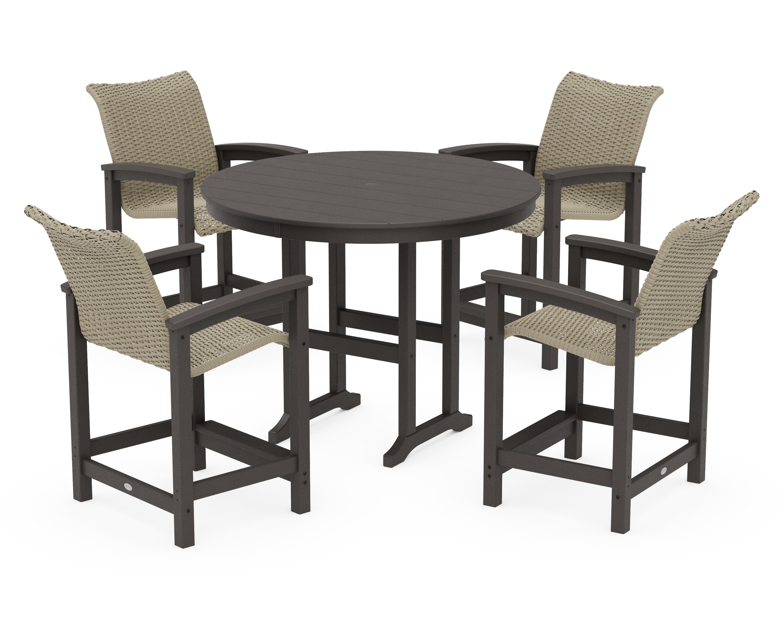 Coastal Woven 5-Piece Round Farmhouse Counter Set in Vintage Coffee / Dune Grass