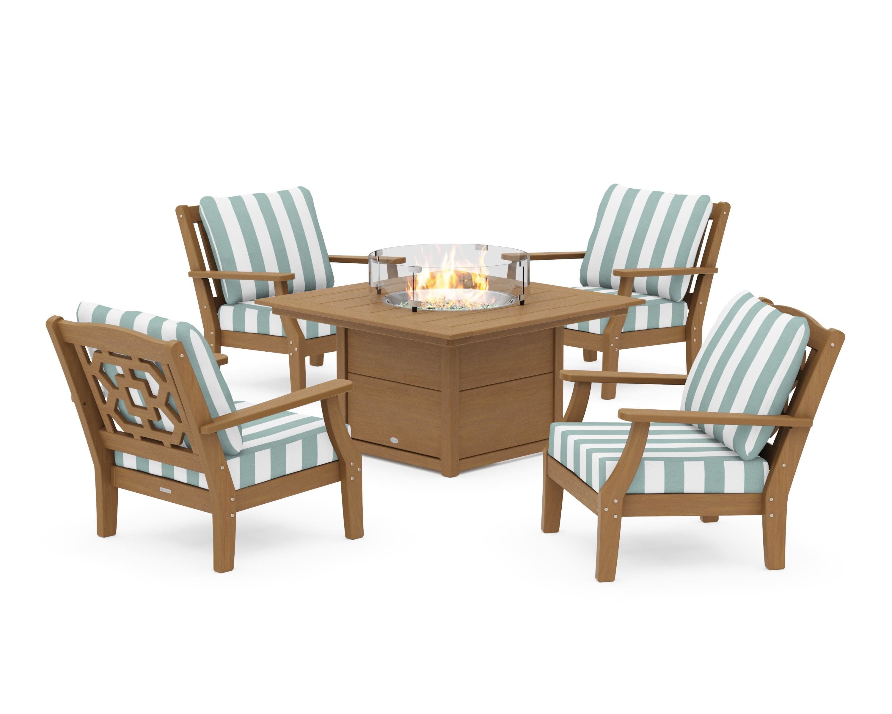 Chinoiserie 5-Piece Deep Seating Set with Fire Pit Table in Natural / Cabana Stripe Glacier Spa