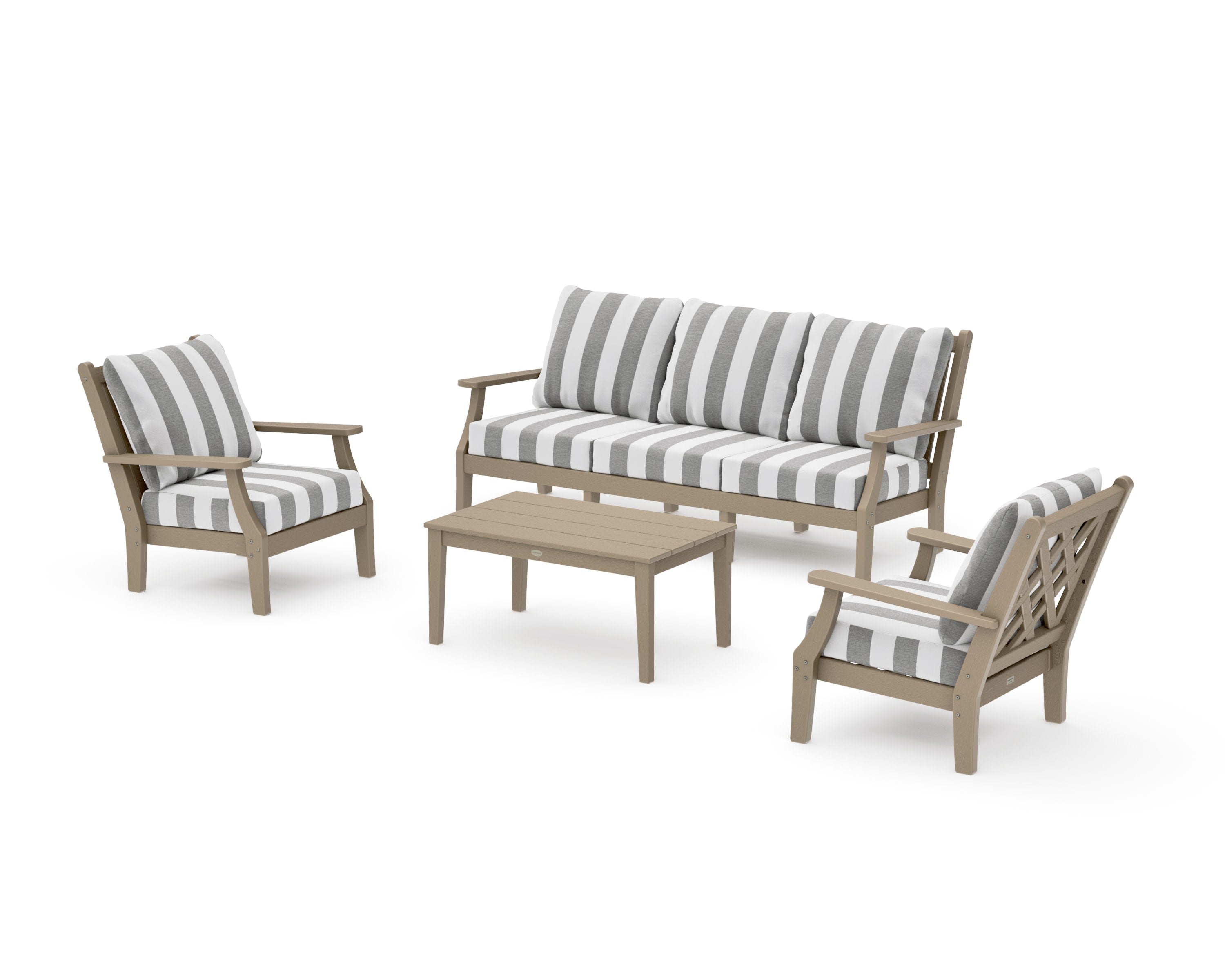 Wovendale 4-Piece Deep Seating Set with Sofa in Vintage Sahara / Cabana Stripe Grey Mist