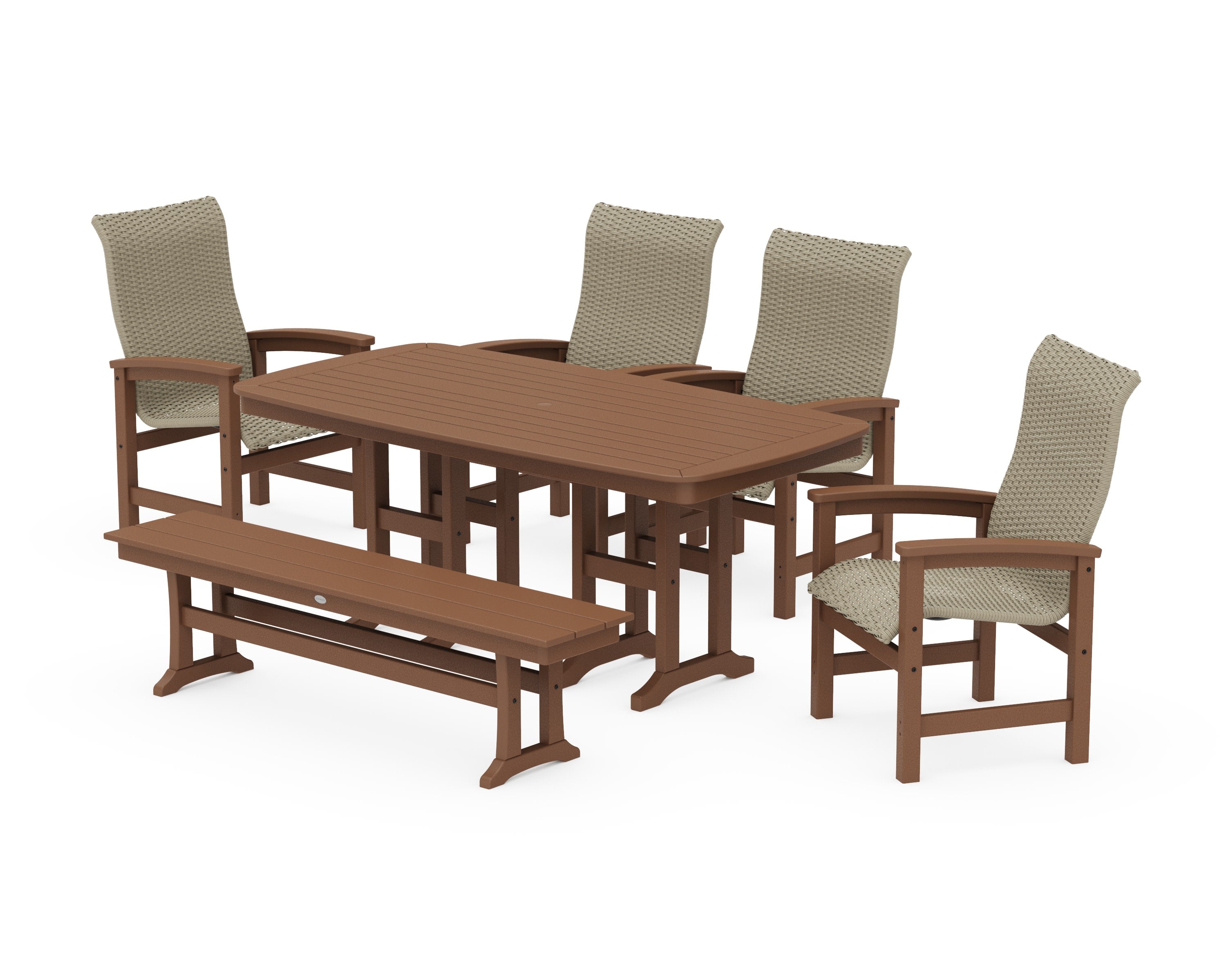 Coastal Woven High-Back 6-Piece Farmhouse Dining Set with Bench in Teak / Dune Grass