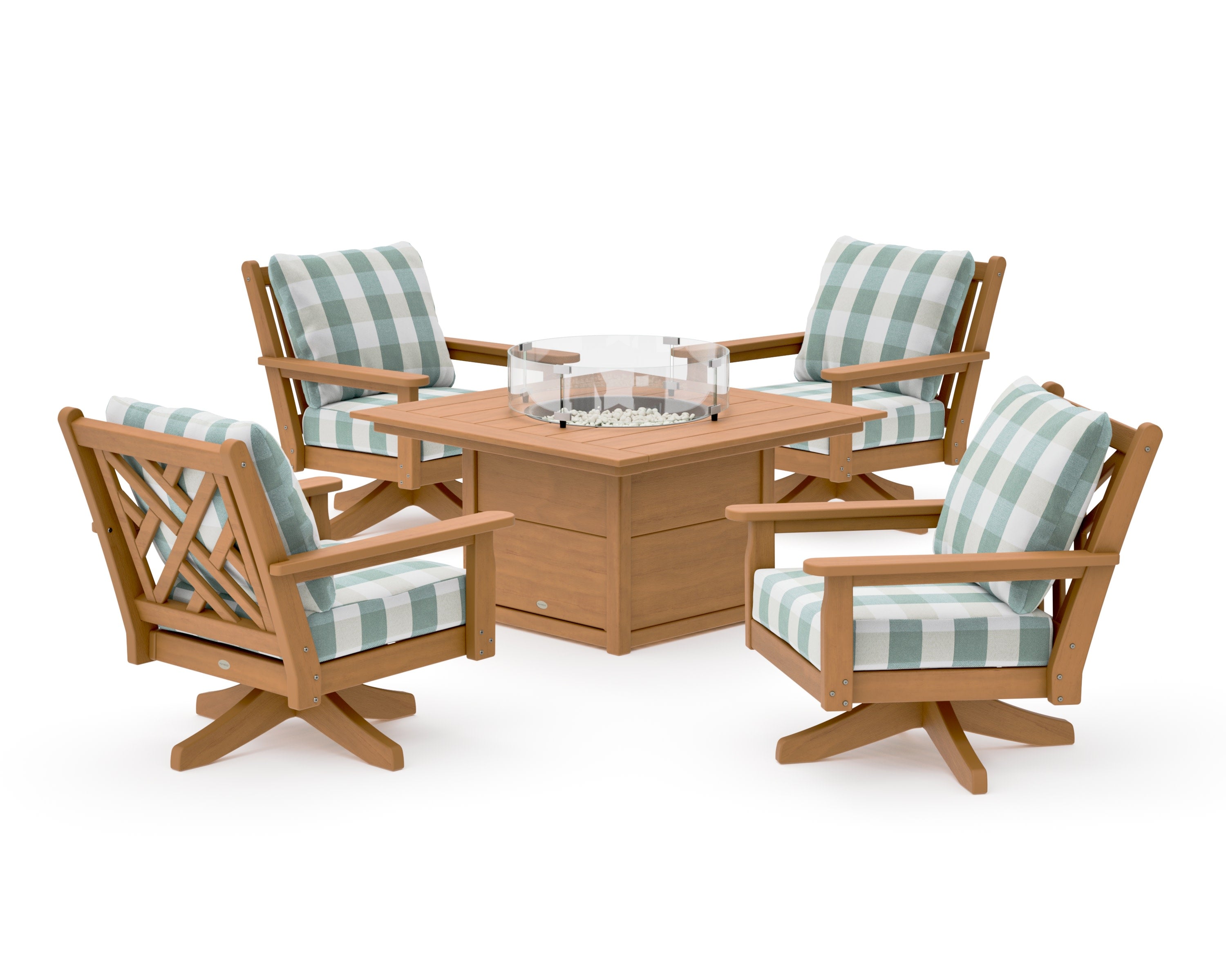 Chippendale 5-Piece Deep Seating Swivel Conversation Set with Fire Pit Table in Natural / Buffalo Plaid Glacier Spa