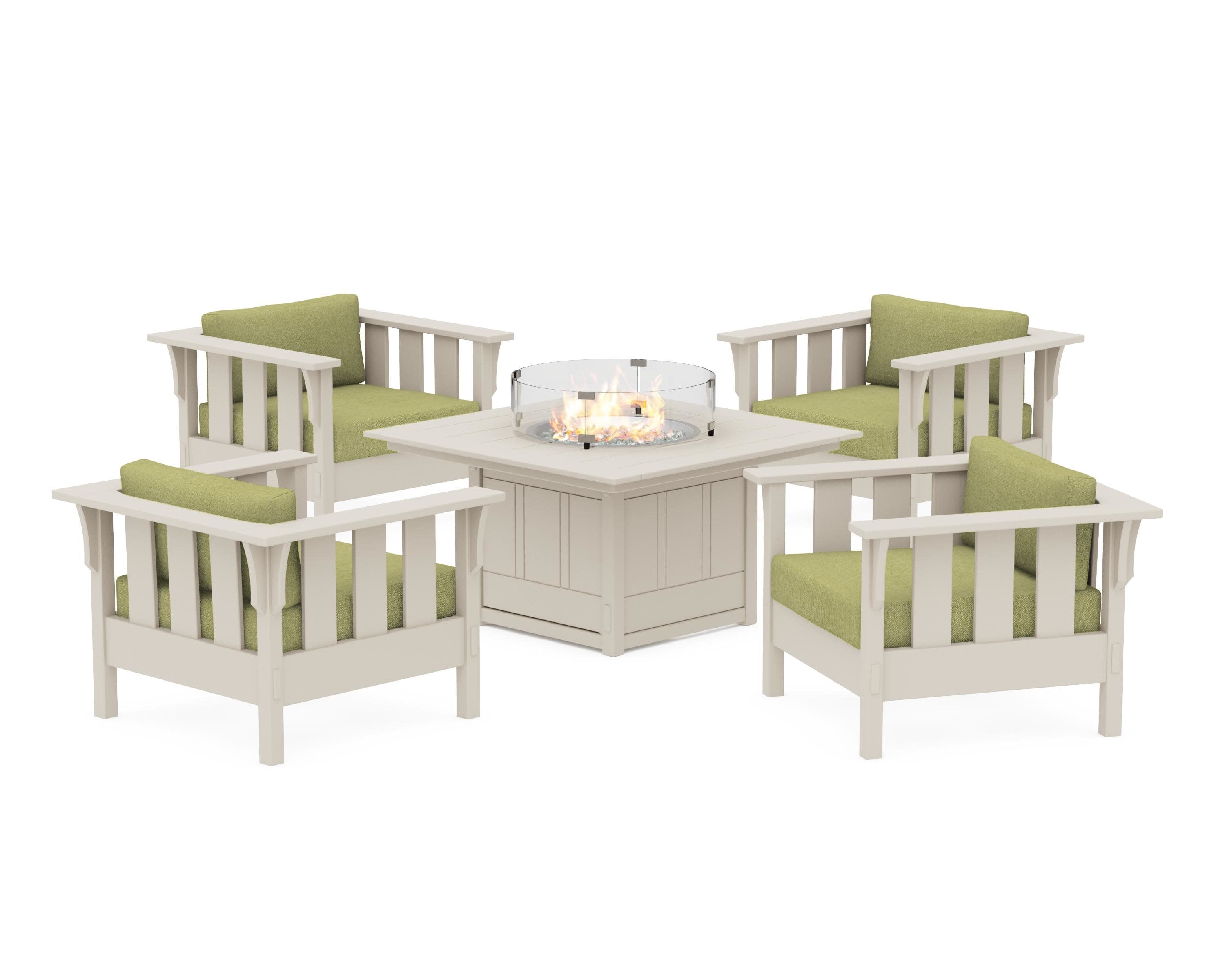 Acadia 5-Piece Deep Seating Set with Fire Pit Table in Sand / Chartreuse Boucle