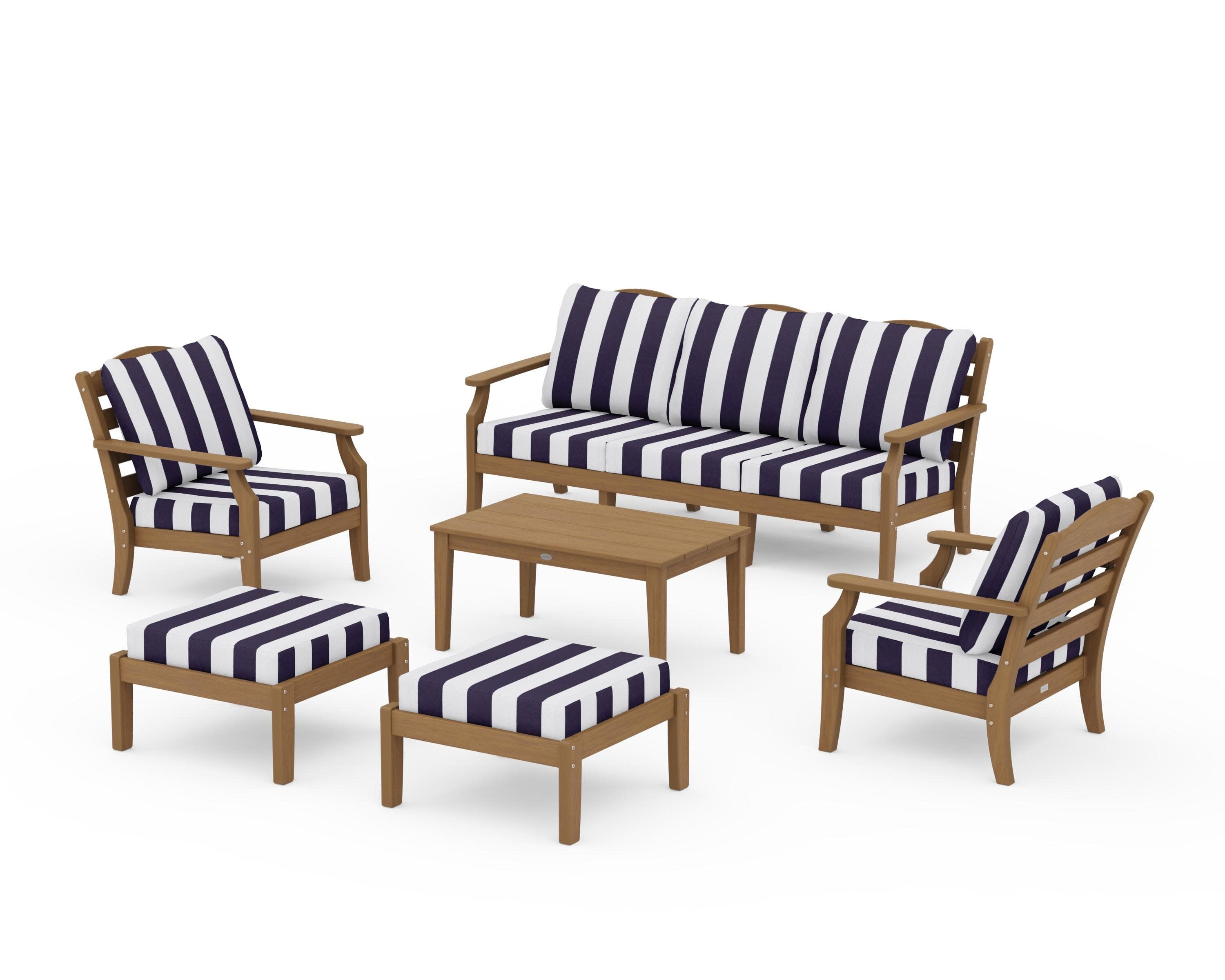Savannah 6-Piece Lounge Sofa Set in Natural / Cabana Stripe Navy