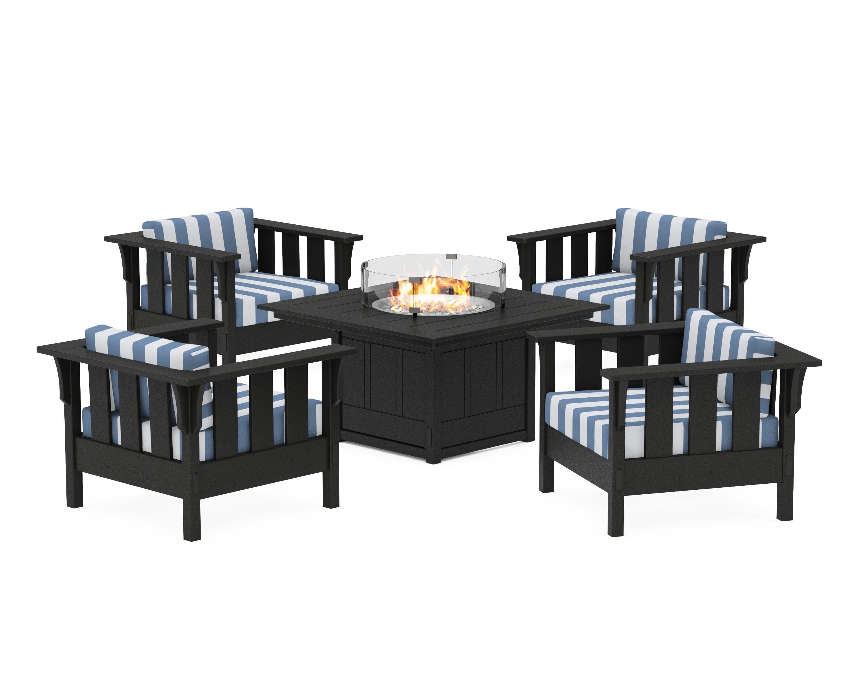 Acadia 5-Piece Deep Seating Set with Fire Pit Table in Black / Cabana Stripe Sky Blue
