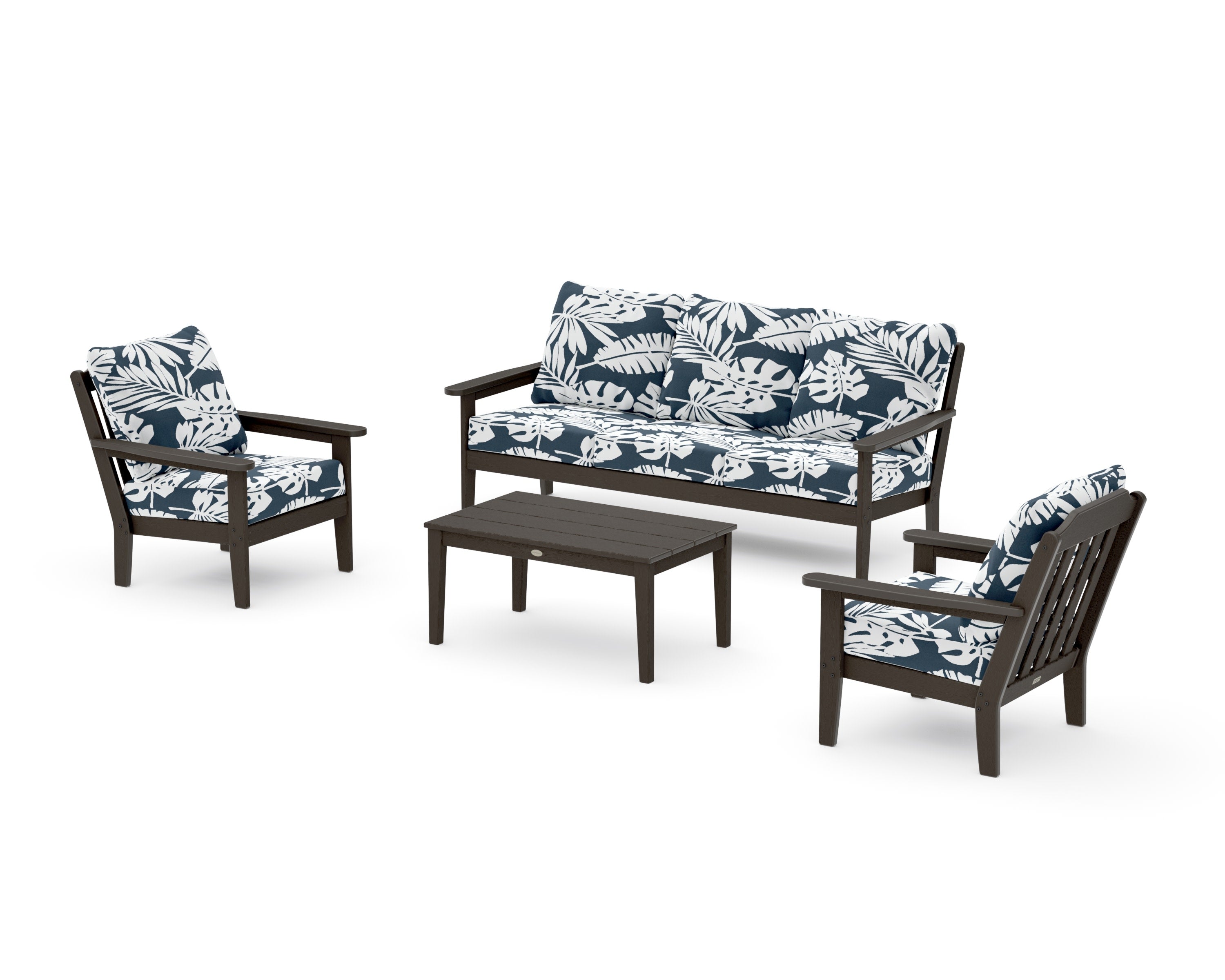 Cottage 4-Piece Deep Seating Set with Sofa in Vintage Coffee / Leaf Marine Indigo