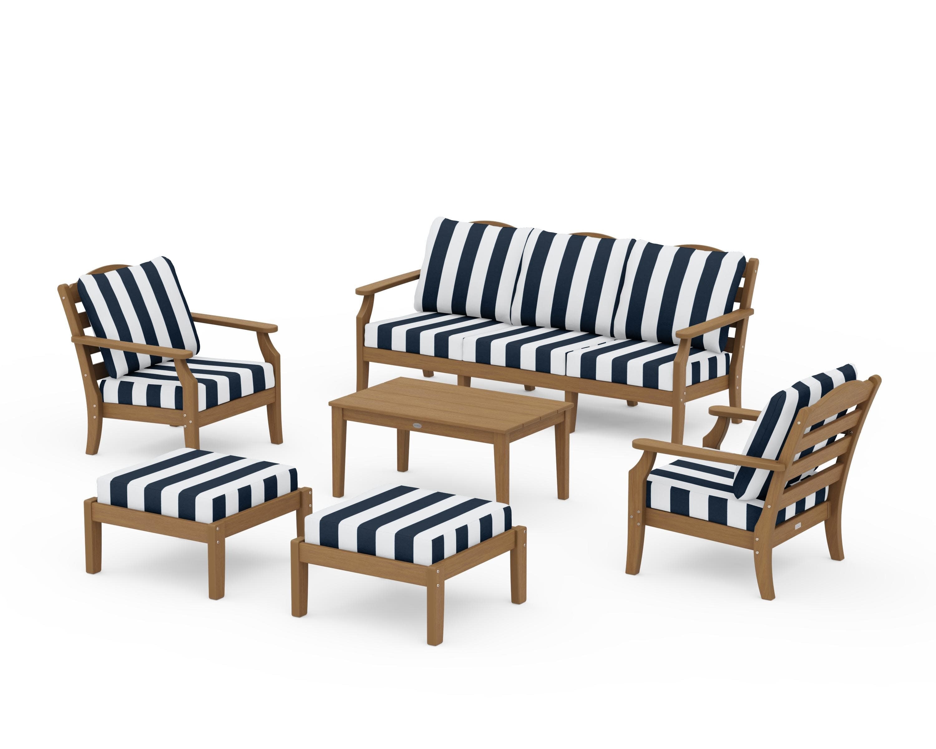 Savannah 6-Piece Lounge Sofa Set in Natural / Cabana Stripe Marine Indigo