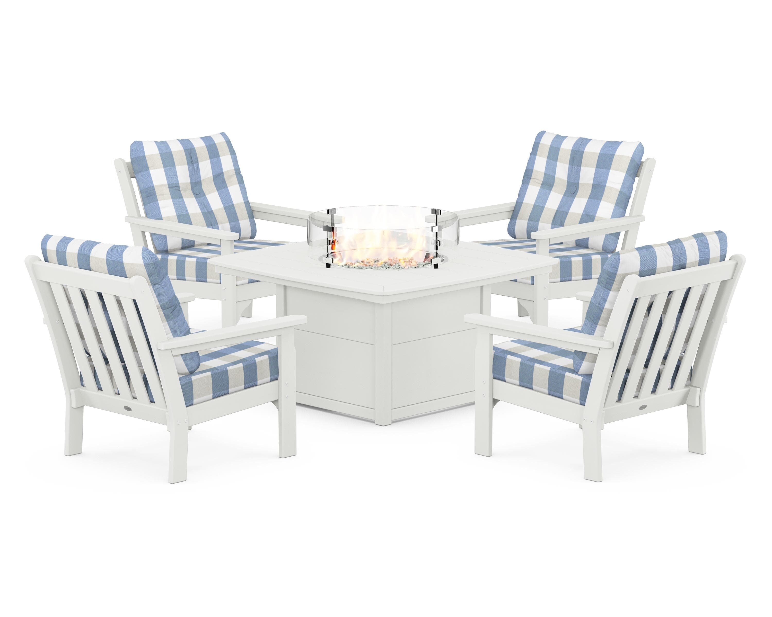 Vineyard 5-Piece Conversation Set with Fire Pit Table in Vintage White / Buffalo Plaid Sky Blue