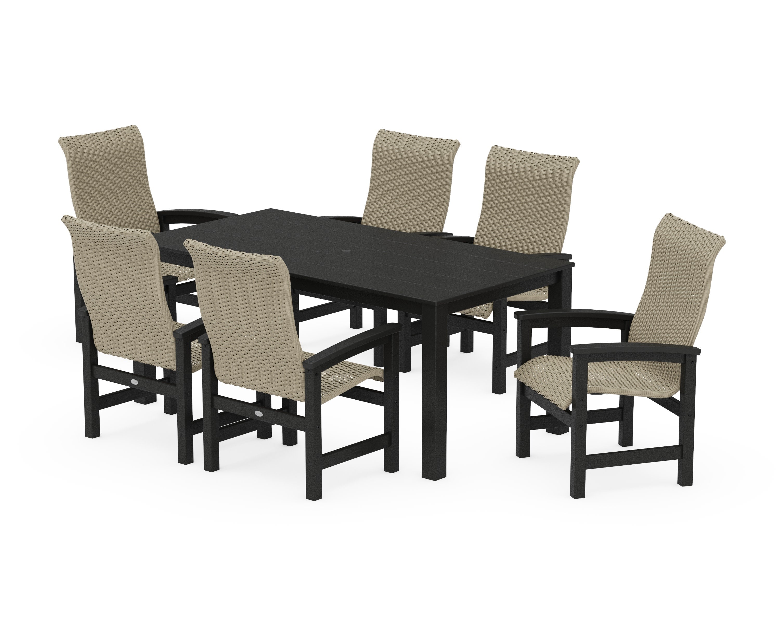 Coastal Woven High-Back Arm Chair 7-Piece Parsons Dining Set in Black / Dune Grass