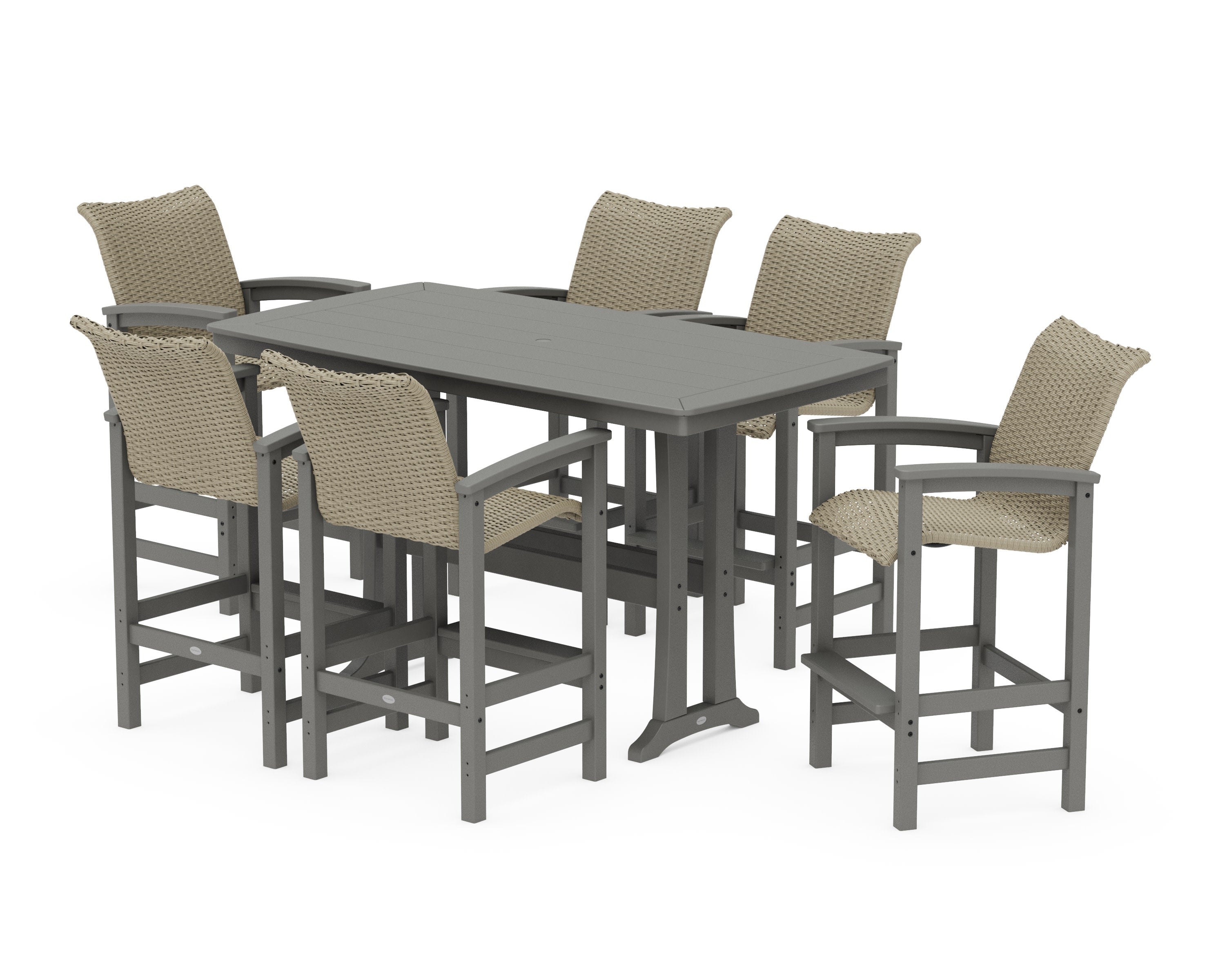 Coastal Woven Arm Chair 7-Piece Bar Set with Trestle Legs in Slate Grey / Dune Grass