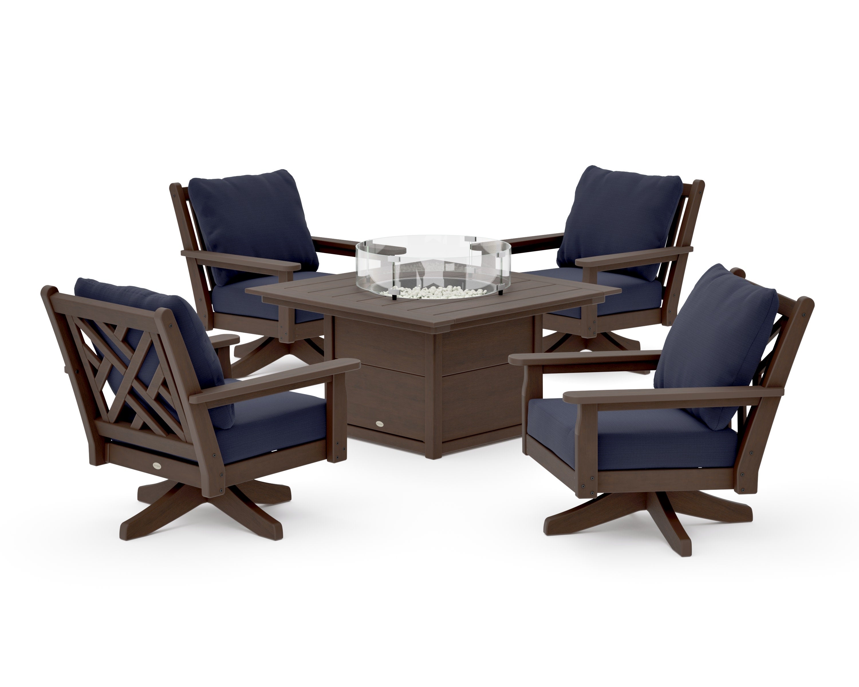 Chippendale 5-Piece Deep Seating Swivel Conversation Set with Fire Pit Table in Kona / Navy Linen