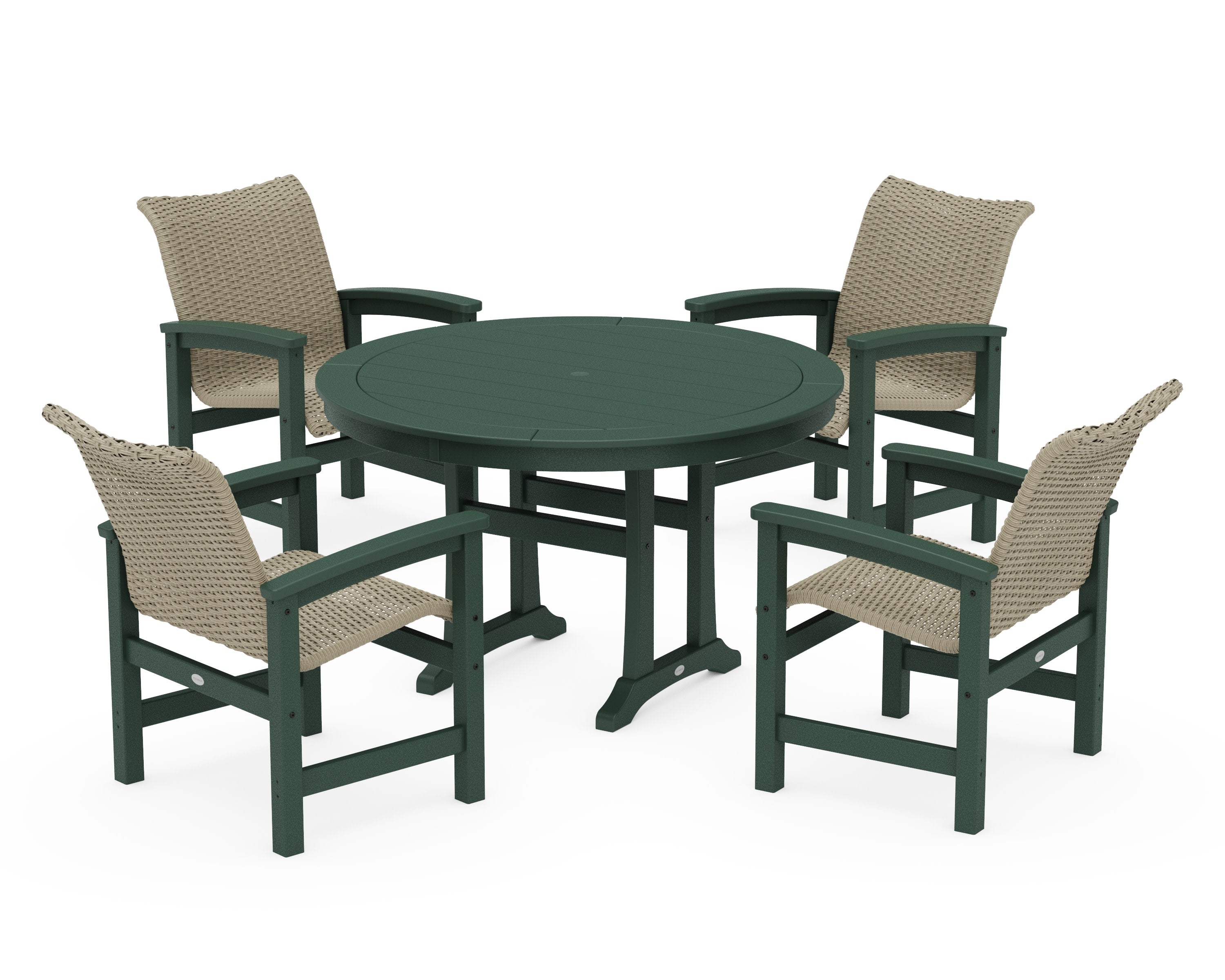 Coastal Woven 5-Piece Round Dining Set with Trestle Legs in Green / Dune Grass