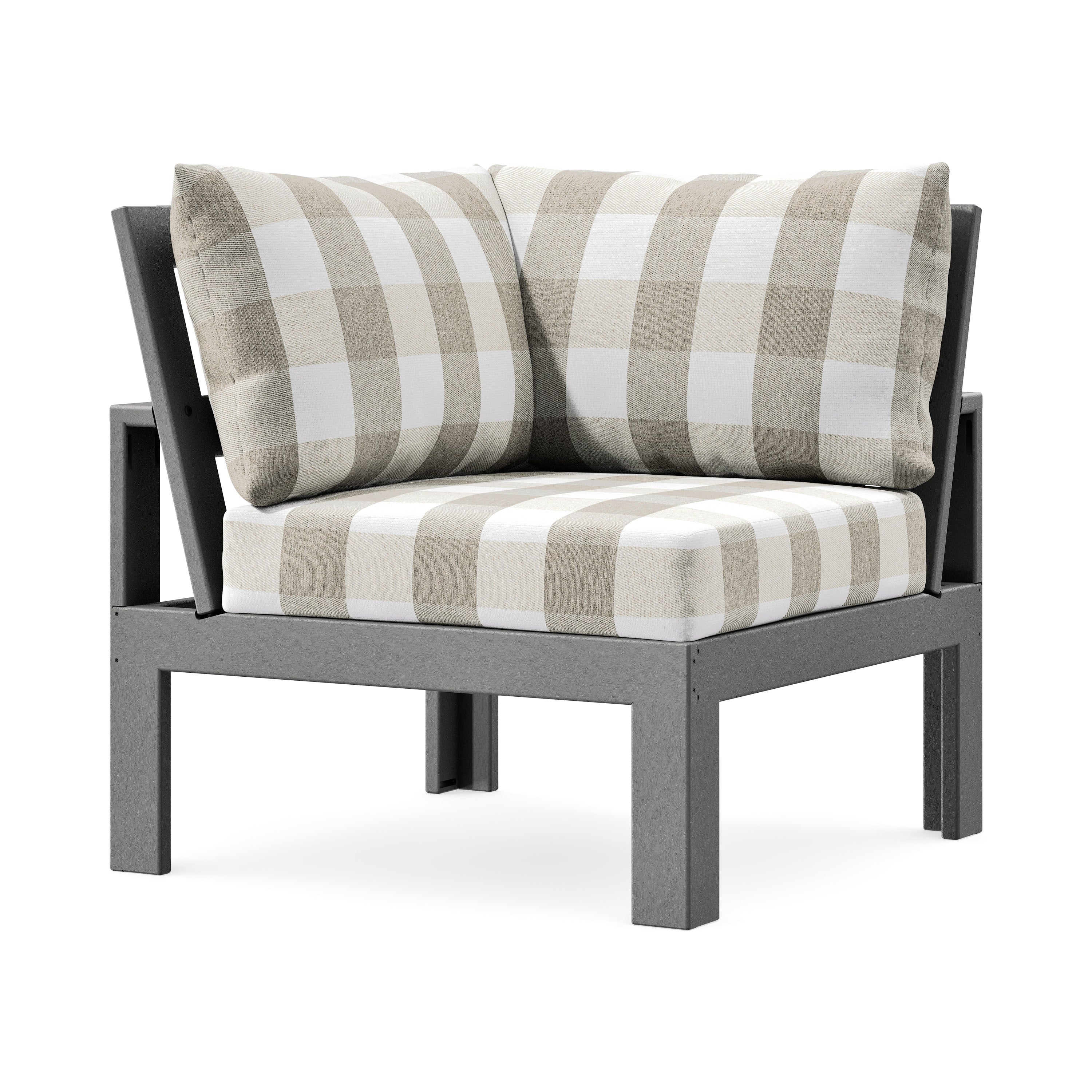 Modular Corner Chair in Slate Grey / Buffalo Plaid Dune Burlap